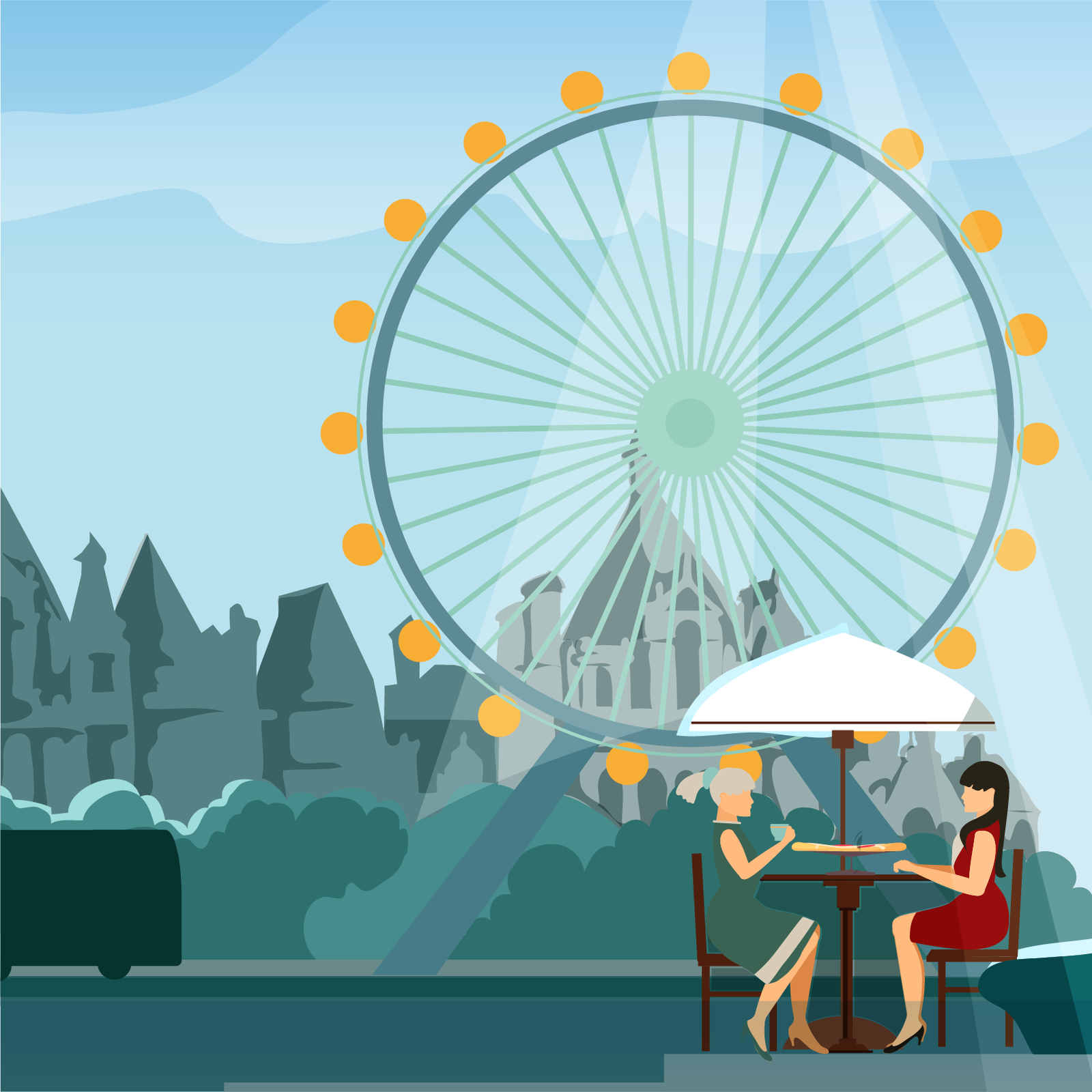 Ilustracja przedstawia dwie kobiety, siedzące przy stoliku z parasolem. Kobiety jedzą pizzę, oraz popijają herbatę. W tle, widoczne jest duże koło młyńskie.