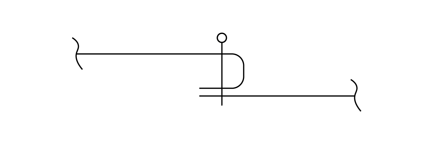 Na grafice znajduje się schemat. Schemat przedstawia zakrzywioną linię, pod nią znajduje się linia prosta. Obie są zakończone falującymi liniami. Są połączone za pomocą linii prostej, przecinającej je prostopadle. Linia ta jest zakończona kółkiem.