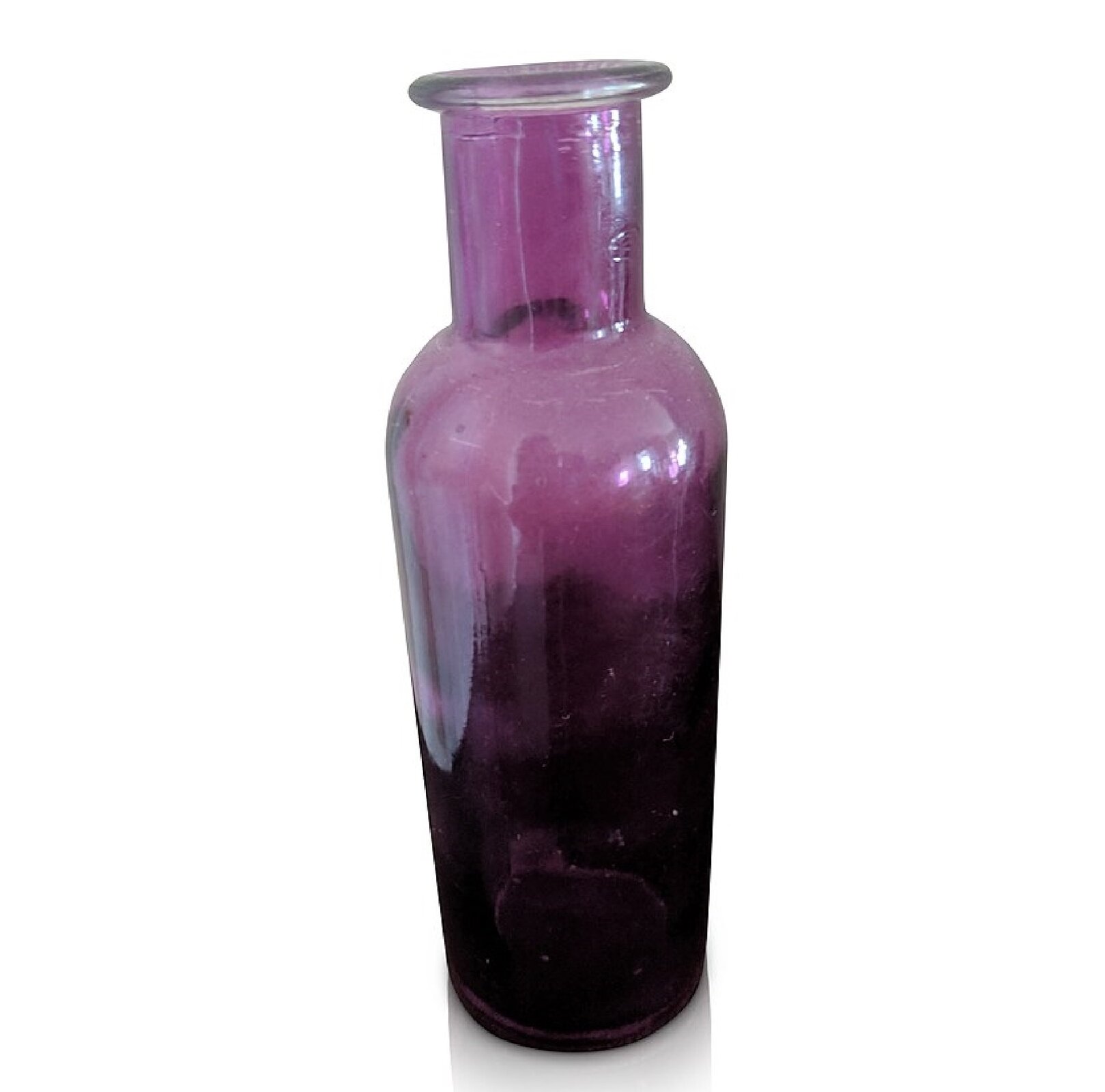 Grafika przedstawia wysokie, wąskie naczynie szklane, z krótką zwężoną szyjką. Naczynie jest zabarwione na kolor fioletowy. Poniżej połowy naczynia kolor fioletowy ciemnieje i zmienia się na kolor czarny.