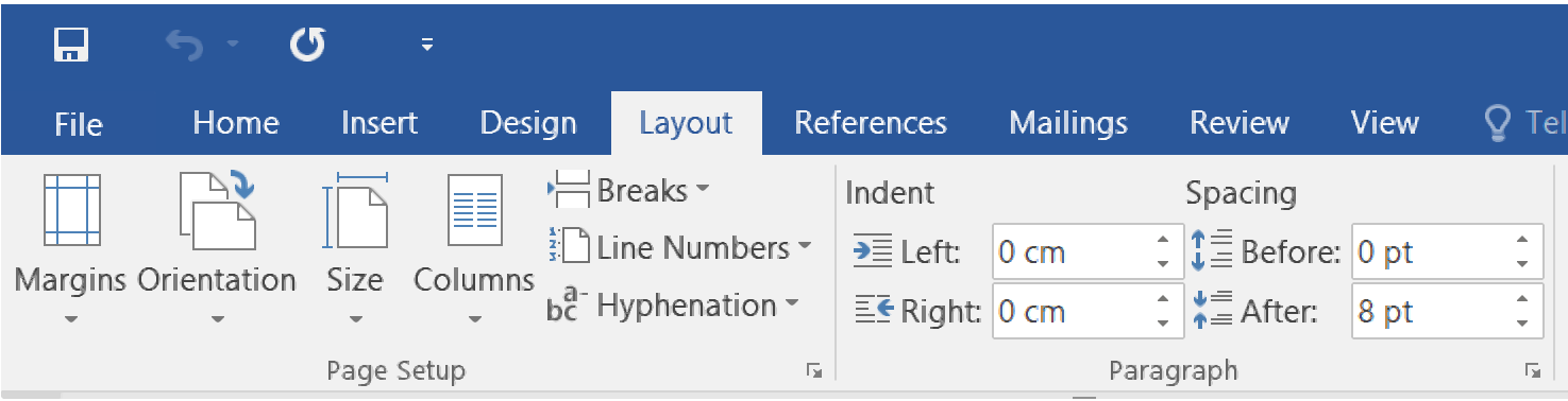 Ilustracja przedstawia fragment wstążki – kartę Layout. Widoczne są ikony odpowiadające za formatowanie układu strony. W obszarze Page Setup: Margins, Orientation, Size, Columns, Breaks, Line Numbers, Hyphenation. W obszarze Paragraph: Indent (Left, Right). Spacing (Before, After).
