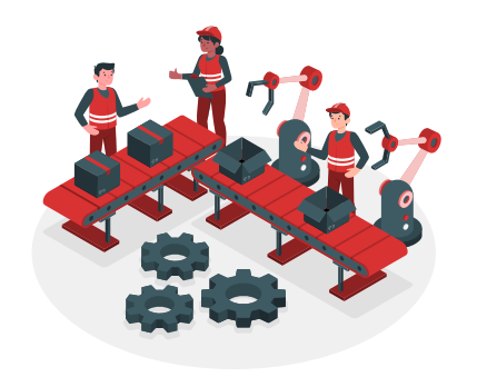 Ilustracja przedstawia trzy osoby stojące przy taśmie produkcyjnej. Na taśmie stoją otwarte i zamknięte pudełka. Obok taśmy stoją dwa roboty. Przed taśmą leżą trzy koła zębate.  