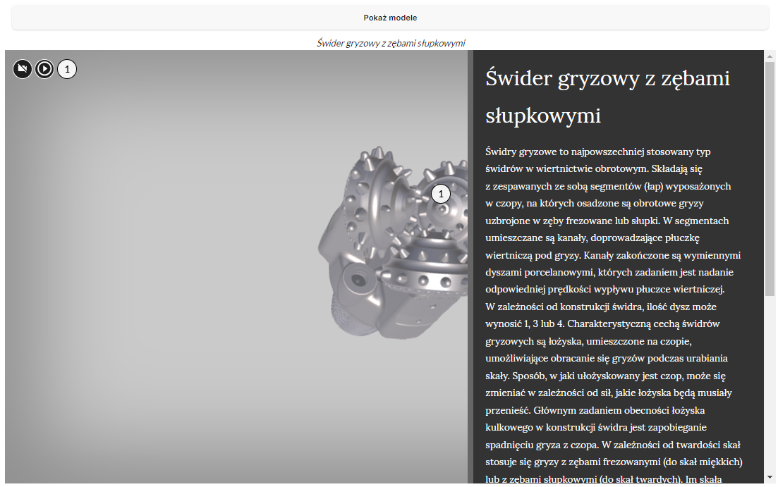 Ilustracja przedstawia model 3D świdra gryzowego z zębami słupkowymi z zaznaczonym punktorem wskazującym świder gryzowy z zębami słupkowymi.