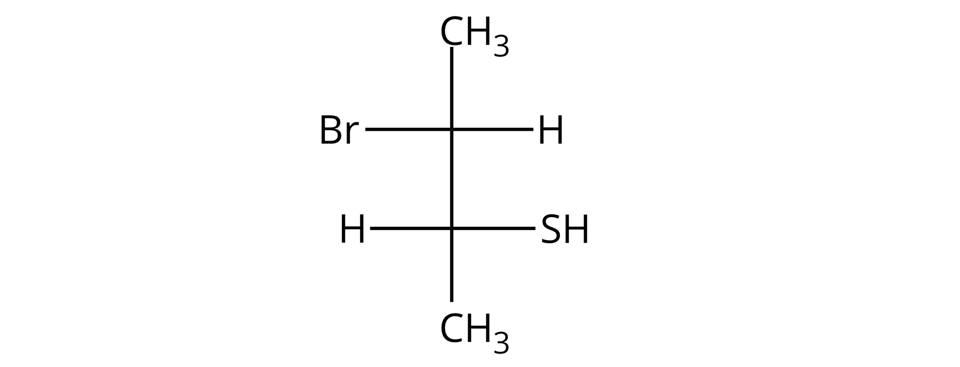 Ilustracja przedstawiająca wzór w projekcji Fischera. Pionowa linia reprezentuje czterowęglowy łańcuch i przecinają ją pod kątem prostym dwie, krótkie poziome linie, na których końcach zapisano wzory podstawników związanych z atomami węgla C 2 oraz C 3 w czterowęglowej strukturze. Na końcach pionowej linii, na górze i na dole znajdują się grupy metylowe CH3. Na końcach znajdującej się wyżej, pierwszej poziomej linii znajdują się: po lewej stronie atom bromu, a po prawej atom wodoru. Z kolei na końcach znajdującej się poniżej, drugiej poziomej linii znajdują się, po lewej stronie atom wodoru, a po prawej stronie grupa SH.