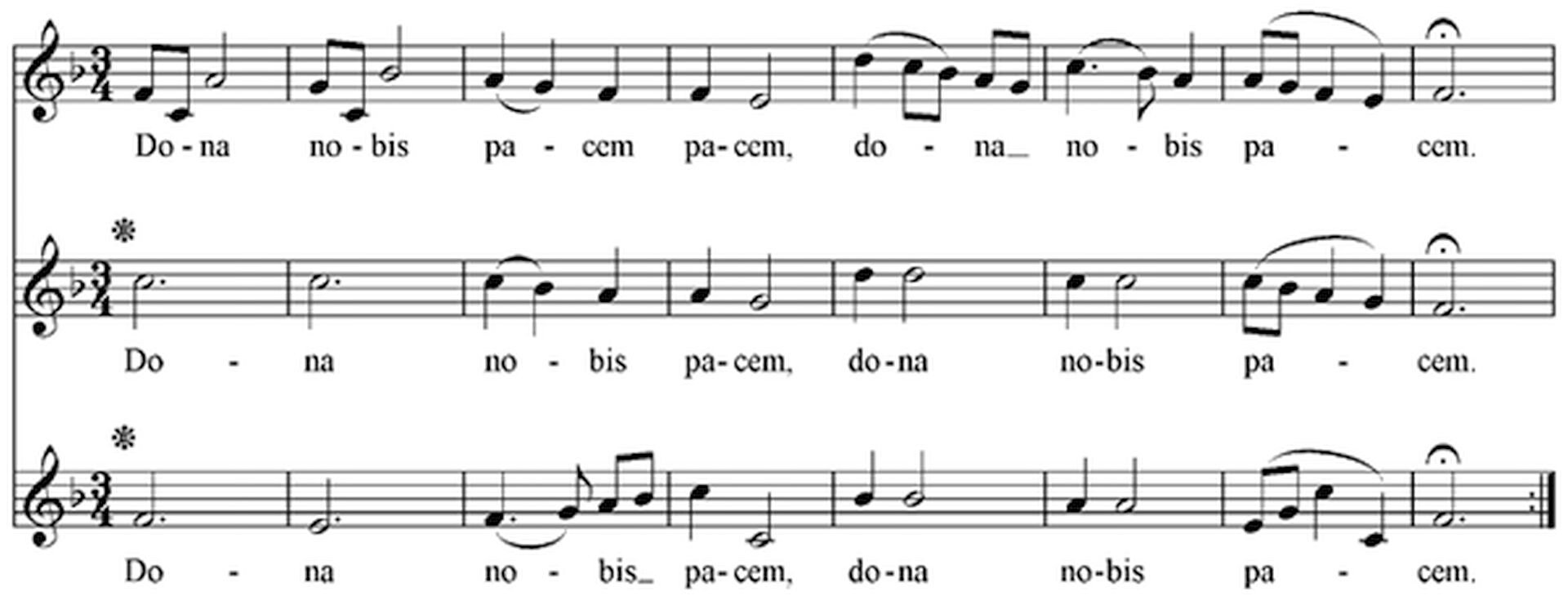 Zapis nutowy kanonu trzygłosowego „Dona nobis pacem" autorstwa Wolfganga Amadeusza Mozarta. Głosy zapisane są jeden pod drugim. 3 pięciolinie każda po osiem taktów. Tekst oparty na łacińskich słowach: Dona nobis pacem.