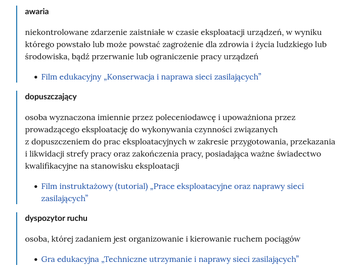Zrzut ekranu przedstawia kilka pojęć ze Słownika. Konstrukcja jest następująca: pojęcie, poniżej jego wyjaśnienie, a pod nim znajduje się link, po którego kliknięciu użytkownik przenosi się do rozdziału w tym materiale, w którym dane pojęcie jest wykorzystywane. Linków może być jeden lub kilka, w zależności od tego, w ilu rozdziałach użyto pojęcia.