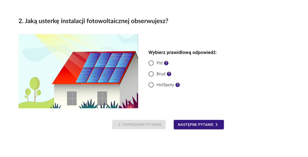 Zdjęcie przedstawia jeden z kroków w symulatorze. Na górze znajduje się pytanie "jaką usterkę instalacji fotowoltaicznej obserwujesz?", poniżej widnieje ilustracja domu z panelami fotowoltaicznymi na dachu i odpowiedzi do wyboru.
