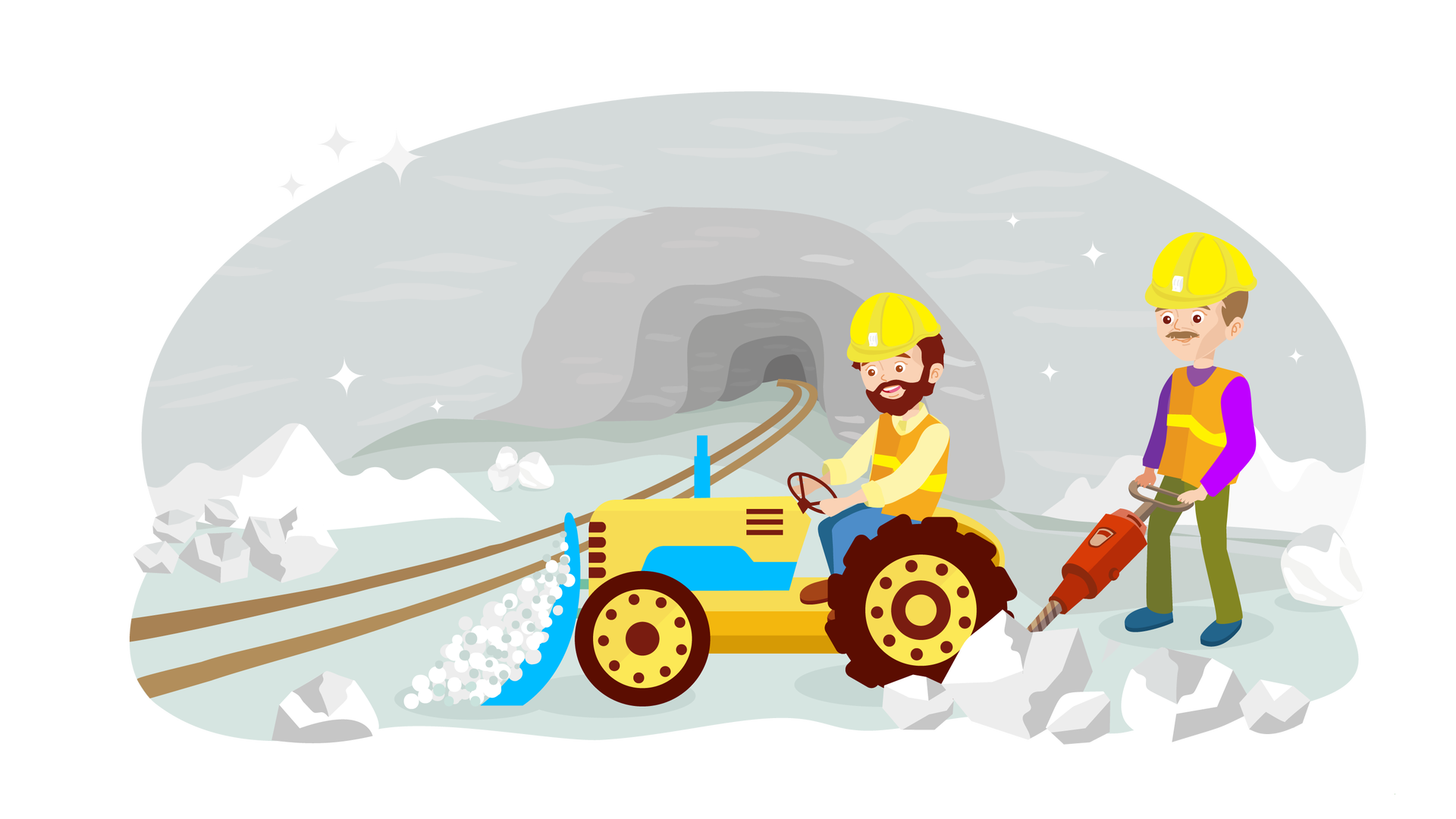 Ilustracja przedstawia wnętrze kopalni soli. W tle widać tunel, do którego prowadzą wąskie tory. Na pierwszym planie znajduje się żółty traktor. Na przodzie pojazdu jest duża łopata, która zbiera sól. Traktorem kieruje mężczyzna z wąsem o ciemnobrązowych włosach i ciemnobrązowej brodzie. Jest ubrany w żółtą koszulę z długimi rękawami, długie niebieskie spodnie, brązowe buty i pomarańczowo‑żółtą kamizelkę odblaskową. Na głowie ma żółty kask ochronny. Po prawej stronie, obok traktora, stoi drugi mężczyzna. Jest ubrany w fioletową koszulkę z długimi rękawami, długie spodnie w kolorze zgniłozielonym, granatowe buty i pomarańczowo‑żółtą kamizelkę odblaskową. Na głowie również ma żółty kask ochronny. W rękach trzyma duże, czerwone, zakończone wiertłem urządzenie z uchwytem. Rozłupuje nim bryły soli na mniejsze kawałki.