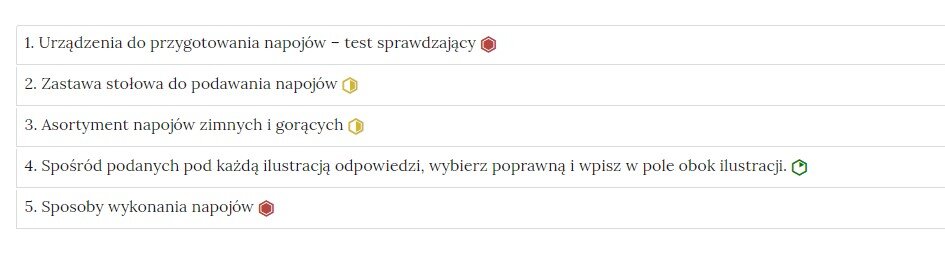Grafika przedstawia widok interaktywnego materiału sprawdzającego, czyli zbioru poszczególnych zadań w formie listy z nazwami zadań, gdzie po kliknięciu w nazwę zadania pojawi się jego zawartość. Na liście, na prawo od nazwy każdego zadania widnieje ikonka informująca o poziomie trudności danego zadania.