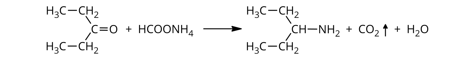 Na ilustracji jest równanie reakcji: jedna cząsteczka pentan‑3-onu, w którym do grupy karbonylowej przyłączone są dwie grupy etylowe dodać cząsteczka mrówczanu amonu, strzałka w prawo, powstaje pentano‑3-amin, czyli amina pierwszorzędowa, do atomu węgla sąsiadującego z grupą aminową przyłączone są dwie grupy etylowe. Pozostałe produkty to dwutlenek węgla dodać woda..