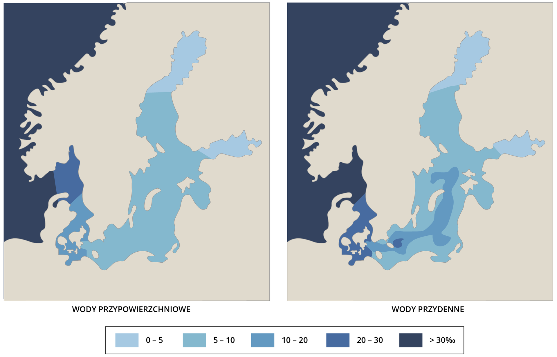 Na ilustracji są dwie mapy Morza Bałtyckiego. Prezentują zasolenie. Na pierwszej mapie pokazano wody przypowierzchniowe. Na drugiej przydenne. Zasolenie wód przypowierzchniowych rzędu od 0 do 5 jest w północnej części Zatoki Botnickiej oraz we wschodniej części Zatoki Fińskiej. Zasolenie rzędu 5-10 promili obejmuje wiekszą część Bałtyku. Zasolenie od 10 do 20 promili występuje w rejonie Kattegatu, a zasolenie rzędu 20-30 promili w rejonie Skattegatu. Morze Norweskie ma zasolenie powyżej 30 promili. W przypadku wód przydennych zasolenie rzędu 0-5 promili to północna część Zatoki Botnickiej i wschodnia część Zatoki Fińskiej. Centralna część Bałtyku właściwego ma zasolenie 10-20 promili. W pobliżu Bornholmu i w cieśninie Kattegat jest zasolenie rzędu 20-30 promili. W cieśninie Skagerrak jest zasolenie powyżej 30 promili. Pozostałe wody Bałtyku maja zasolenie 10-20 promili.      