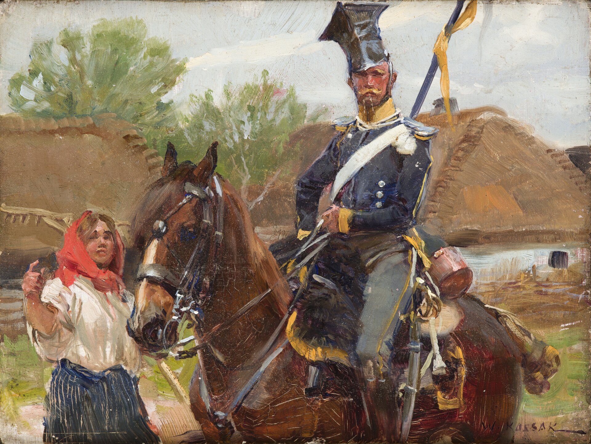 Na pierwszym planie ukazany został polski ułan oraz urodziwa dziewczyna w polskim stroju ludowym, z czerwoną chustą na głowie. Scena osadzona została w pięknej kolorowej letniej scenerii wiejskiej. W tle typowo polski krajobraz; pobielane chaty, chaty kryte słomą.