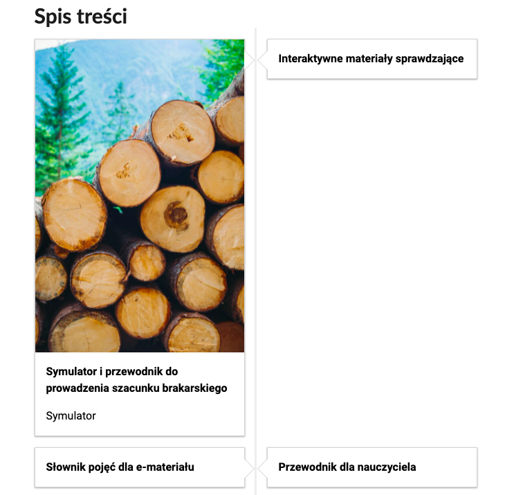 Grafika przedstawia dwa kafelki ze spisu treści. Są umiejscowione obok siebie. Mają prostokątny kształt. Górna część kafelka to grafika z symbolem danego multimedium. W największym prostokącie widoczna jest grafika z balami drewna na stosie, a na drugim planie widoczne są góry. Pod grafiką widnieje podpis Symulator i przewodnik do prowadzenia szacunku brakarskiego oraz Symulator. W kolejnych prostokątach widnieją napisy: Interaktywne materiały sprawdzające, Słownik pojęć dla e‑materiału i Przewodnik dla nauczyciela. 