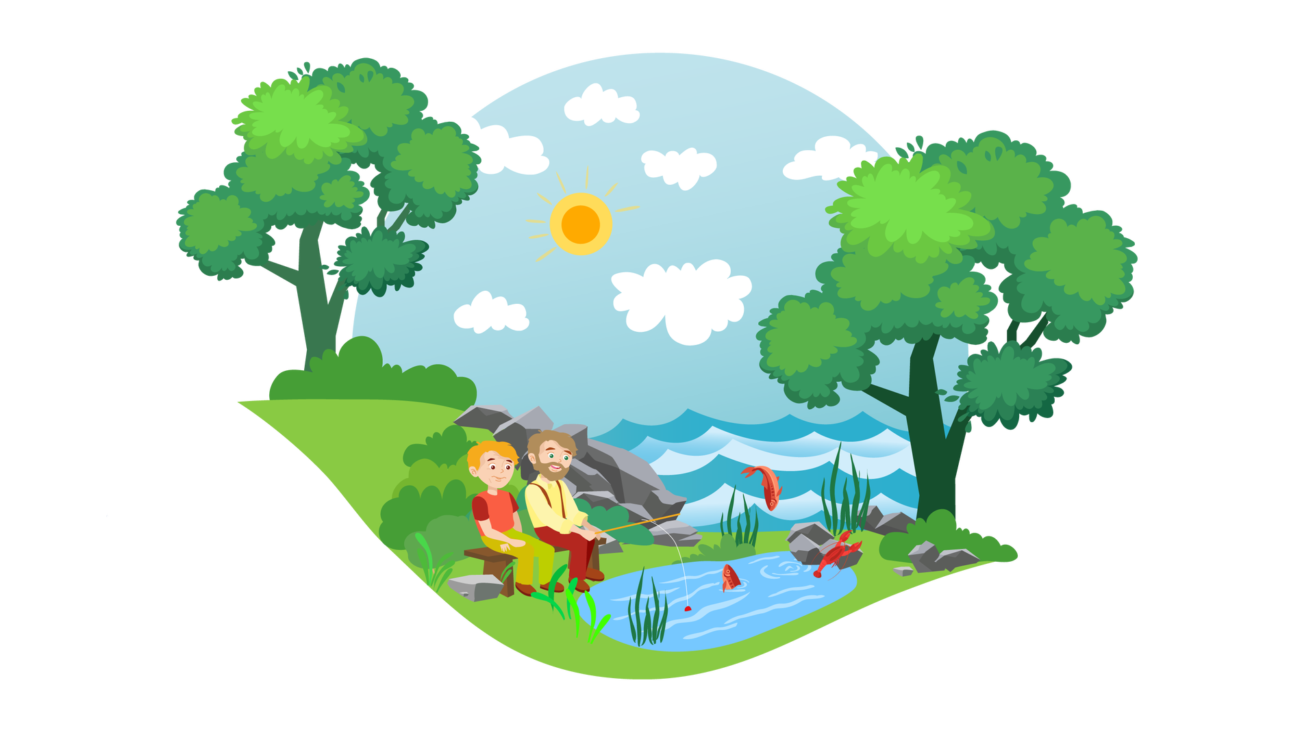 Ilustracja przedstawia nadmorski krajobraz. W tle widać błękitne niebo ze słońcem i białymi chmurami. Po lewej stronie jest pagórek porośnięty zielenią, na którym znajduje się wysokie drzewo liściaste. Dalej na prawo jest kamienisty brzeg, a obok niego morze. Po prawej stronie ilustracji rośnie drugie drzewo liściaste. Na pierwszym planie widać teren porośnięty zieloną trawą, na środku jest mały staw. Z wody wyłania się czerwona ryba, a druga skacze nad powierzchnią. Na brzegu leżą szare kamienie, na których siedzi czerwony rak. Po lewej stronie stoi brązowa ławka bez oparcia, a na niej siedzą chłopiec i mężczyzna. Chłopiec ma blond włosy. Jest ubrany w czerwoną koszulkę z krótkimi bordowymi rękawami, długie jasnozielone spodnie i brązowe buty. Mężczyzna ma jasnobrązowe włosy, wąsy i brodę. Jest ubrany w jasnożółtą koszulę z kołnierzykiem i długimi rękawami, długie bordowe spodnie na szelkach i brązowe buty. W rękach trzyma wędkę, za pomocą której łowi ryby w stawie.