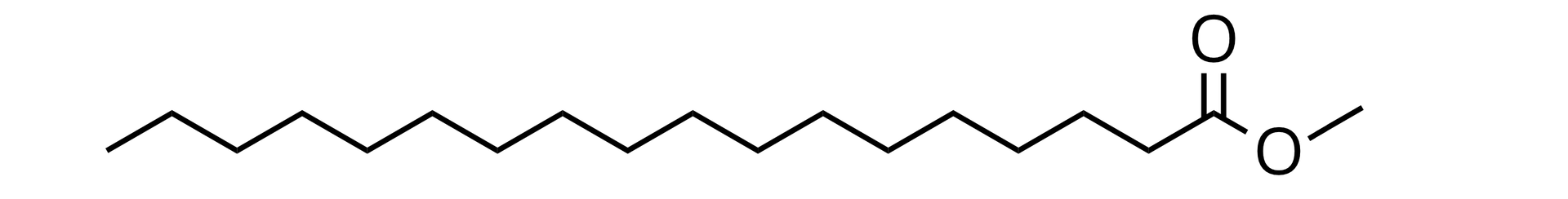 Ilustracja przedstawiająca wzór oktadekanianu metylu zbudowanego z łańcucha węglowodorowego składającego się z grupy metylowej CH3 związanej z szesnastoma kolejno połączonymi ze sobą grupami metylenowymi CH2, z których ostatnia łączy się z atomem węgla związanym za pomocą wiązania podwójnego z atomem tlenu oraz za pomocą wiązania pojedynczego z atomem tlenu podstawionym grupą metylową CH3.