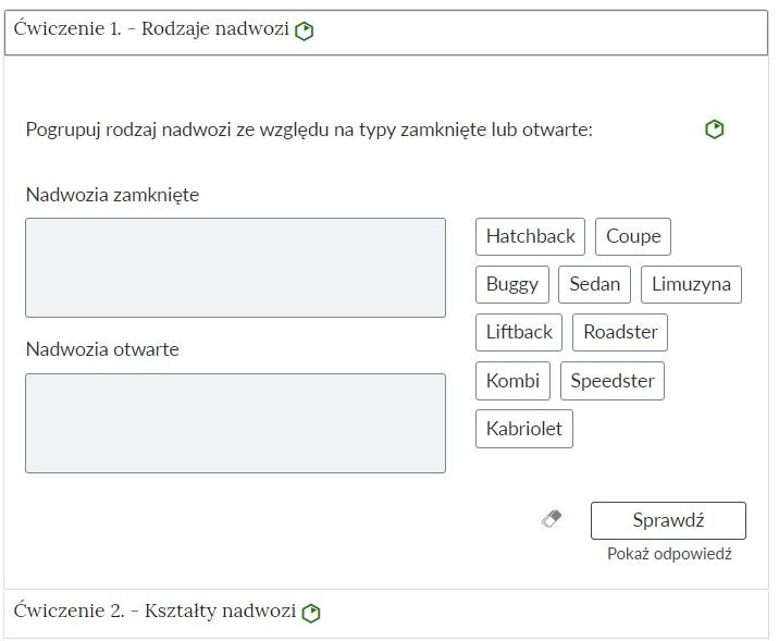 Zdjęcie przedstawia otwartą zakładkę z przykładowym zadaniem. Pod nazwą zakładki znajduje się polecenie. Pod poleceniem widać treść zadania z odpowiedziami do wyboru. Po prawej stronie polecenia widać zielony sześciokąt. Poniżej zadania, po prawej stronie panelu znajduje się ikona sprawdź. Po jej lewej stronie widać symbol gumki. Poniżej przycisku sprawdź znajduje się napis: pokaż odpowiedź.