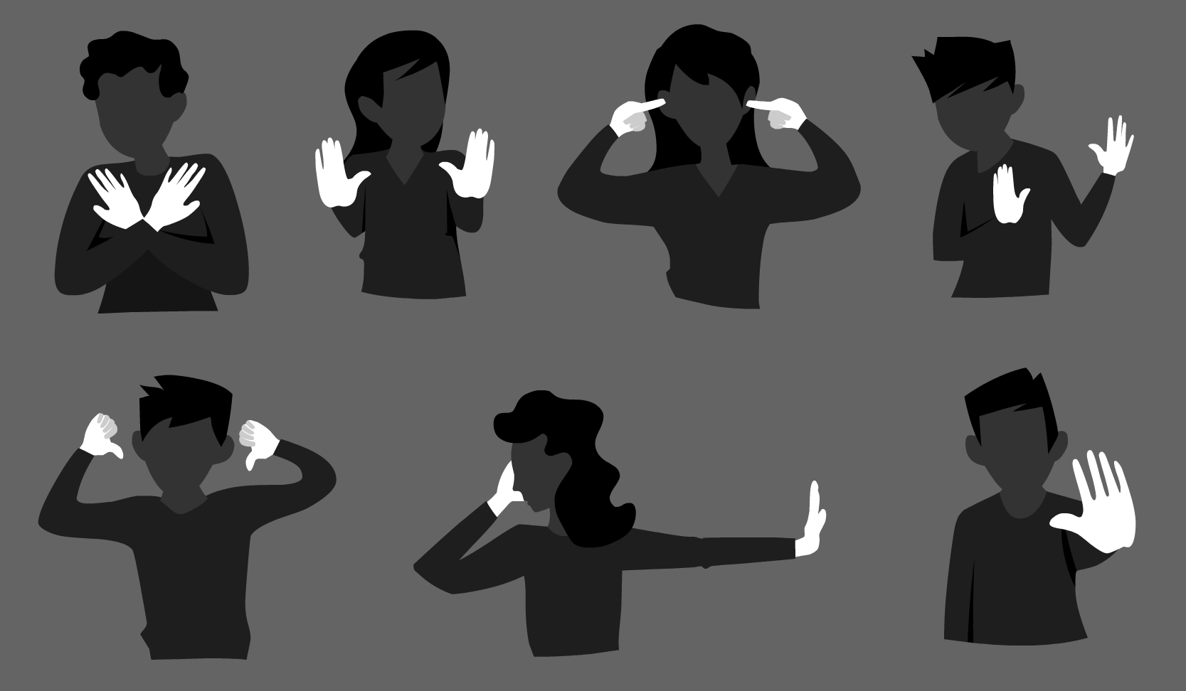 Ilustracja przedstawia wyczernione postaci bez twarzy z białymi dłońmi akcentującymi wydawane przez nie sygnały: pierwsza postać występuje ze skrzyżowanymi dłońmi na piersiach, co oznacza gest "nie". Druga ma wyciągnięte obie dłonie przed siebie, co oznacza "stop". Trzecia zatyka palcami uszy, czym pokazuje, że nie chce słuchać mówiącego. Czwarta wyciąga dłonie przed siebie w geście "nie chcę mieć z tobą kontaktu". Piąta wyciąga dłonie do góry i kieruje kciuki w dół, co oznacza, że nie podoba jej się coś. Szósta zatyka sobie jedną dłonią prawe ucho, a drugą wyciąga przed siebie w geście "nie dopuszczam cię". Siódma wyciąga dłoń przed siebie sygnalizując komunikat "stop".