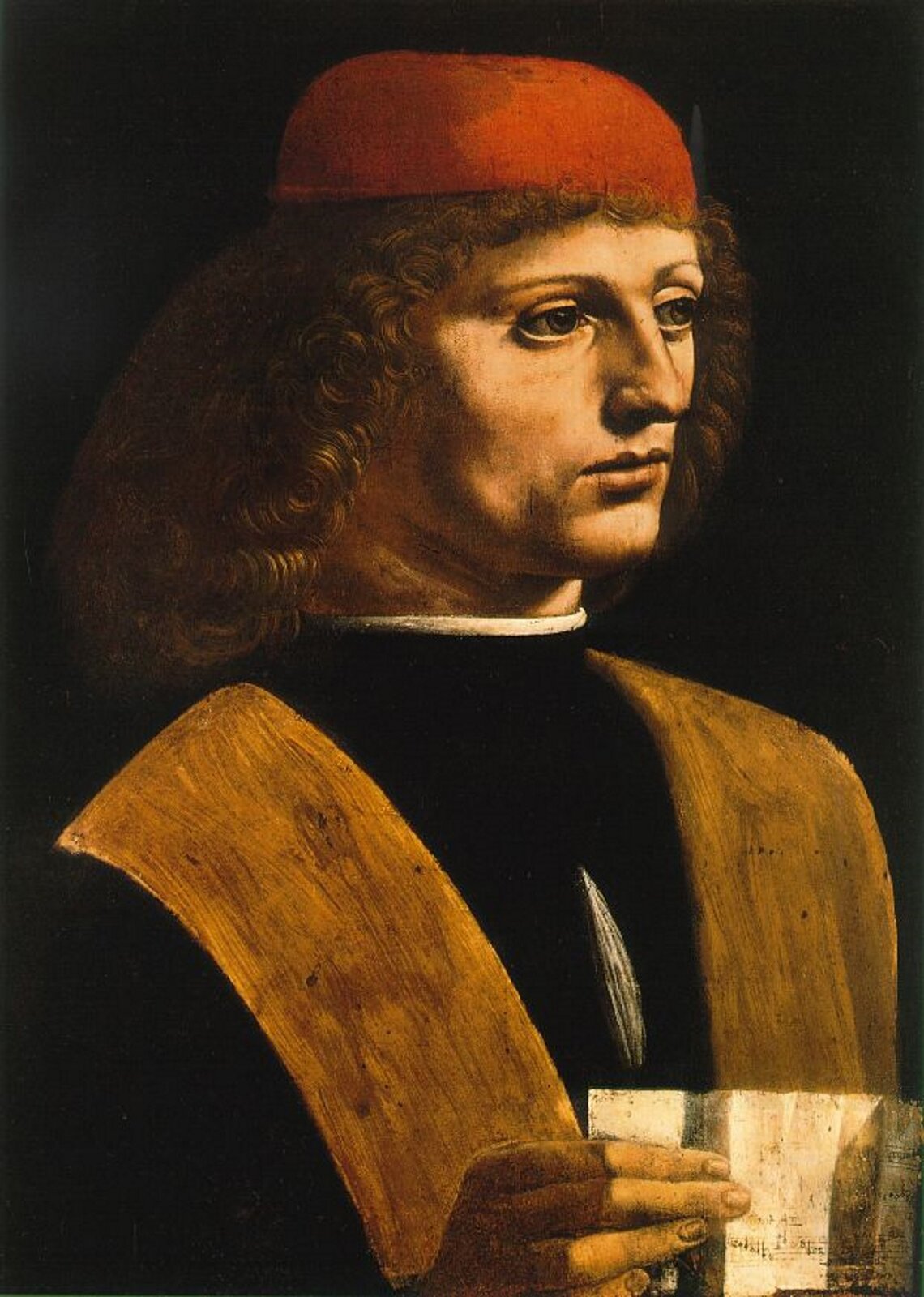 Ilustracja przedstawia obraz Leonardo da Vinci pt. „Portret muzyka”. Na obrazie znajduje się mężczyzna z włosami do ramion. Na głowie ma czerwony beret. W ręku trzyma fragment papieru.