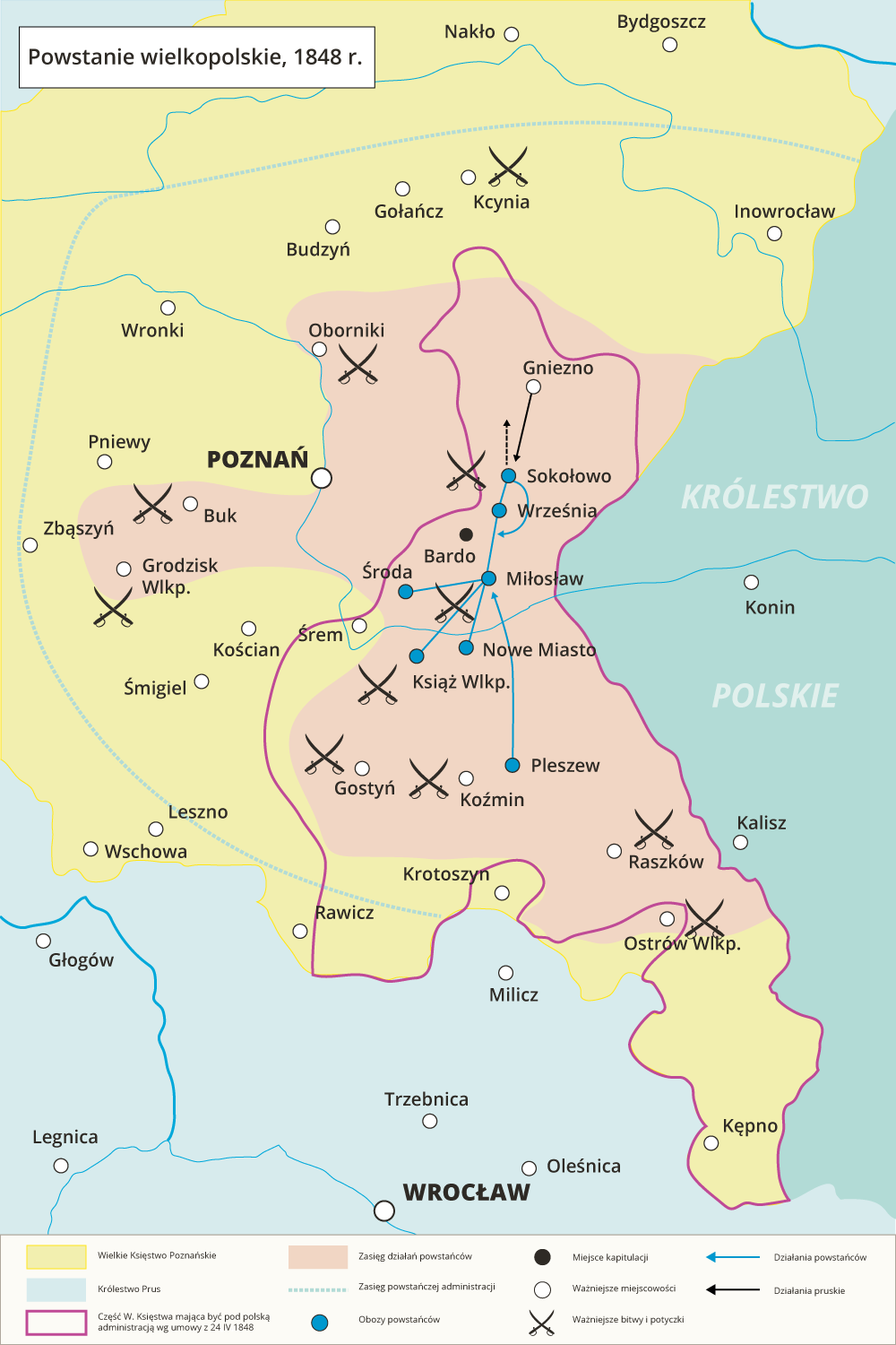 Mapa prezentująca powstanie wielkopolskie z 1848 roku. Zasięg działań powstańców obejmuje tereny wokół miast Grodzisk, Gniezno, Września, Miłosław, Nowe Miasto, Gostyń, Koźmin, Raszków i Ostrów. Tereny te w większości pokrywają się z terenami Wielkiego Księstwa, które miały być pod polską administracją według umowy z 24.04.1848 roku. Ważniejsze bitwy i potyczki: okolice Grodziska i Buku, Oborniki, okolice Sokołowa i Wrześni, Książ, Gostyń, Koźmin, Raszków, Ostrów, Kcynia. Obozy powstańców: Książ, Pleszew, Nowe Miasto, Miłosław, Środa, Września, Sokołowo. Między tymi miejscowościami odbywały się działania powstańców. Działania pruskie odbywały się między Gnieznem a Sokołowem.