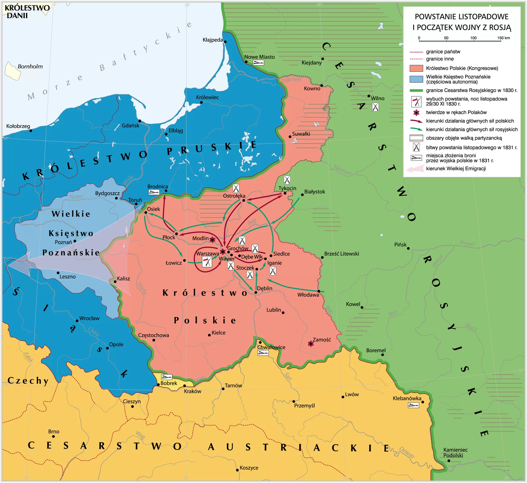 Na mapie zaznaczono:
granice państw, granice inne,
Królestwo Polskie (Kongresowe),
jego granice łączyły się na południu z Cesarstwem Austriackim, na wschodzie z Cesarstwem Rosyjskim, na północy i na zachodzie z Królestwem Pruskim i Wielkim Księstwem Poznańskim;
kierunki działania głównych sił rosyjskich:
z Białegostoku przez rzekę Bug do Grochowa, z Siedlec do Ostrołęki, z Ostrołęki do Płocka, z Płocka do Osieka, z Osieka na Łowicz, z Łowicza na Warszawę, z Warszawy na Dęblin, z Dęblina na Stoczek, ze Stoczka na Iganie, z Włodawy na Stoczek;
kierunki działania głównych sił polskich:
z Warszawy okrążając na Warszawę, z Siedlec na Grochów, z Wawra na Iganie, z Warszawy na Tykocin, z Tykocina na Ostrołękę, z Ostrołęki na Warszawę, z Warszawy przez Modlin na Płock, z Płocka do Brodnicy
Wielkie Księstwo Poznańskie (częściowa autonomia), obejmowało:
Poznań, Leszno, Bydgoszcz
granice Cesarstwa Rosyjskiego w 1830 roku,
miejsce wybuchu powstania, noc listopadowa 29/ 30 listopada 1830 roku :
Warszawa
Twierdze w rękach Polaków: Modlin, Warszawa
Obszary objęte walką partyzancką:
Okolice: Nowego Miasta, Klejdan, Wilna, Kowna, - Suwałk, -Białegostoku, - Ostrołęki, Kowela, -Kamieńca Podolskiego
Bitwy powstania listopadowego 1831:
Tykocin, Ostrołęka, Grochów, Dębe Wlk, Iganie, - Stoczek, Wawer, Warszawa, Wilno
Miejsca złożenia broni przez wojska polskie w 1831 roku: Nowe Miasto, - Brodnica, - Chwałowice, - Bobrek, - Klebanówka
Kierunek Wielkiej emigracji: na zachód