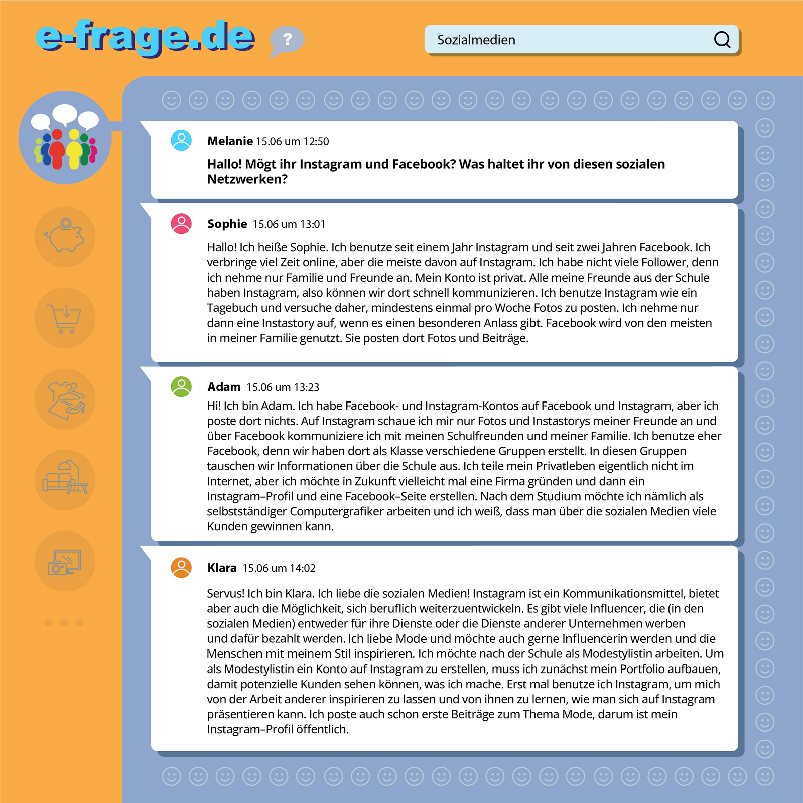 Ilustracja przedstawia rozmowę na forum internetowym. Transkrypcja jest dostępna poniżej.