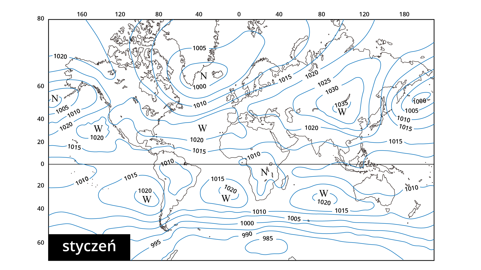 Na mapie świata ukazano za pomocą izobar rozkład ciśnienia atmosferycznego na poziomie morza w styczniu. Widoczne są niże w okolicy Islandii, Alaski, Afryki Środkowo-Południowej . Wyże natomiast oznaczono u zachodnich wybrzeżu Meksyku, Chile, na Oceanie Atlantyckim w pasie pomiędzy Florydą a Wyspami Kanaryjskimi oraz na Oceanie Atlantyckim Południowym, Oceanie Indyjskim oraz na terenie Rosji.
