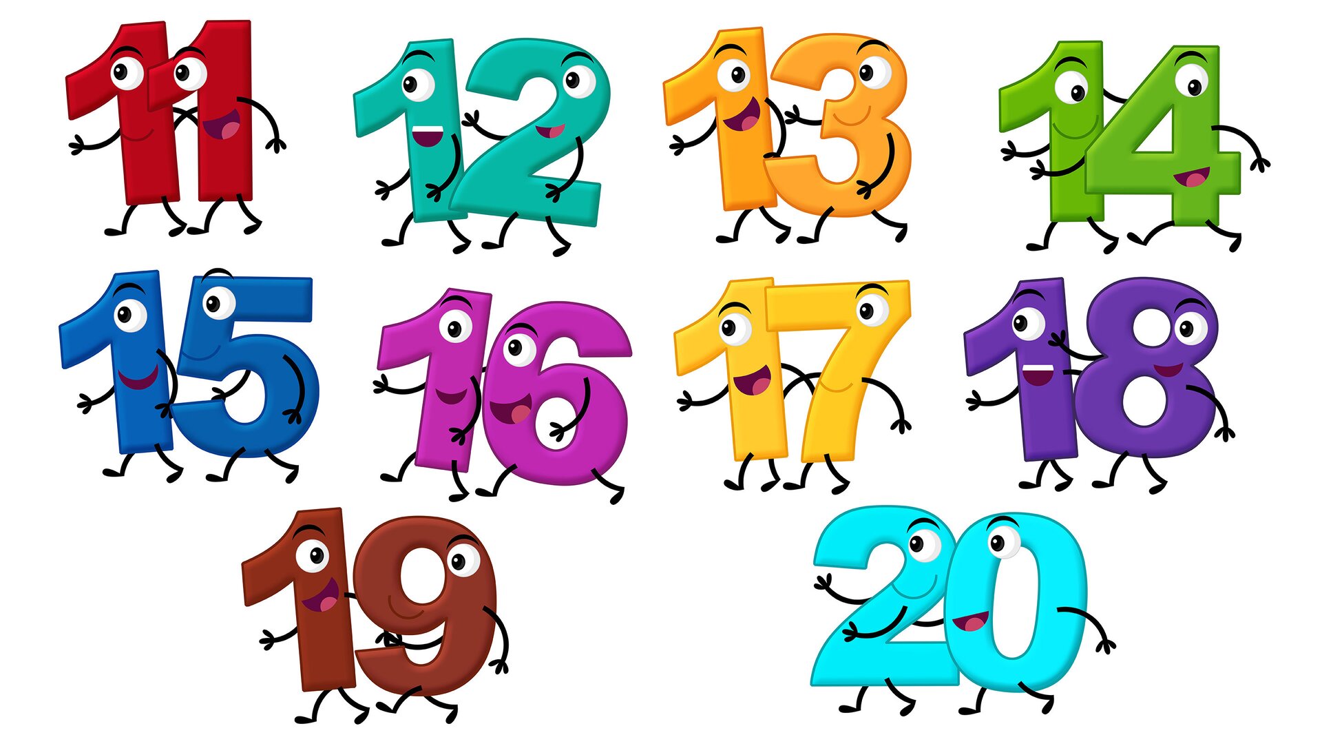 Ilustracja przedstawia kolorowe, biegające liczby od 11 do 20.