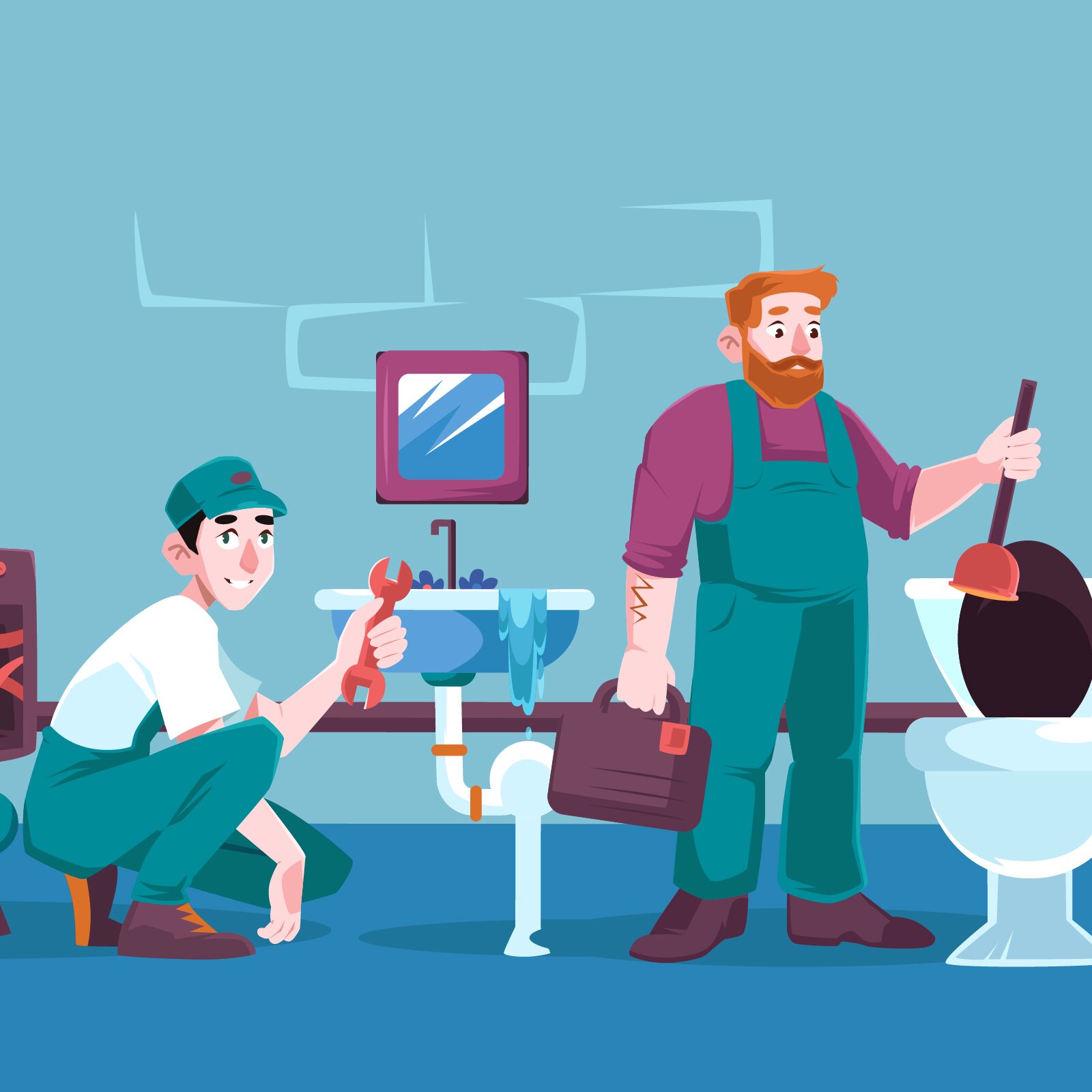 Ilustracja przedstawia dwie osoby naprawiające hydraulikę w łazience. Jeden z pracowników naprawia kran a drugi sedes. 