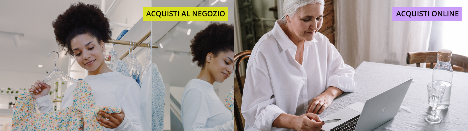 Ilustracja składa się z dwóch zdjęć. Na zdjęciu po lewej znajduje się młoda kobieta, która robi zakupy w sklepie. Kobieta przygląda się sukience na wieszaku. Obok znajduje się napis: Acquisti ale negozio. Na drugim zdjęciu znajduje się starsza kobieta, która siedzi przed komputerem. Obok znajduje się napis: Acquisti online.