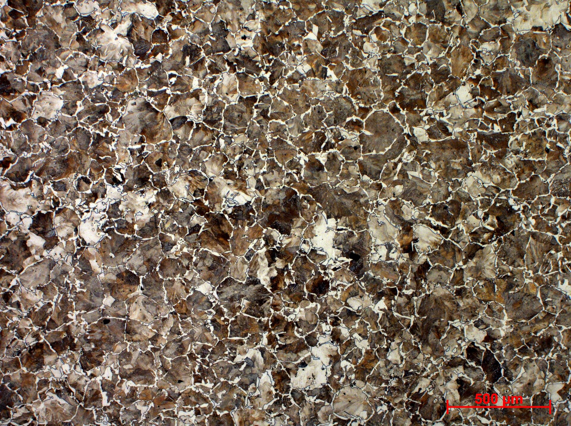 Stop o zawartości węgla 0,6%
 Struktura ferrytyczno‑perlityczna, siatka jasno trawiących się ziaren ferrytu i ciemne ziarna perlitu - powiększenie 5x 