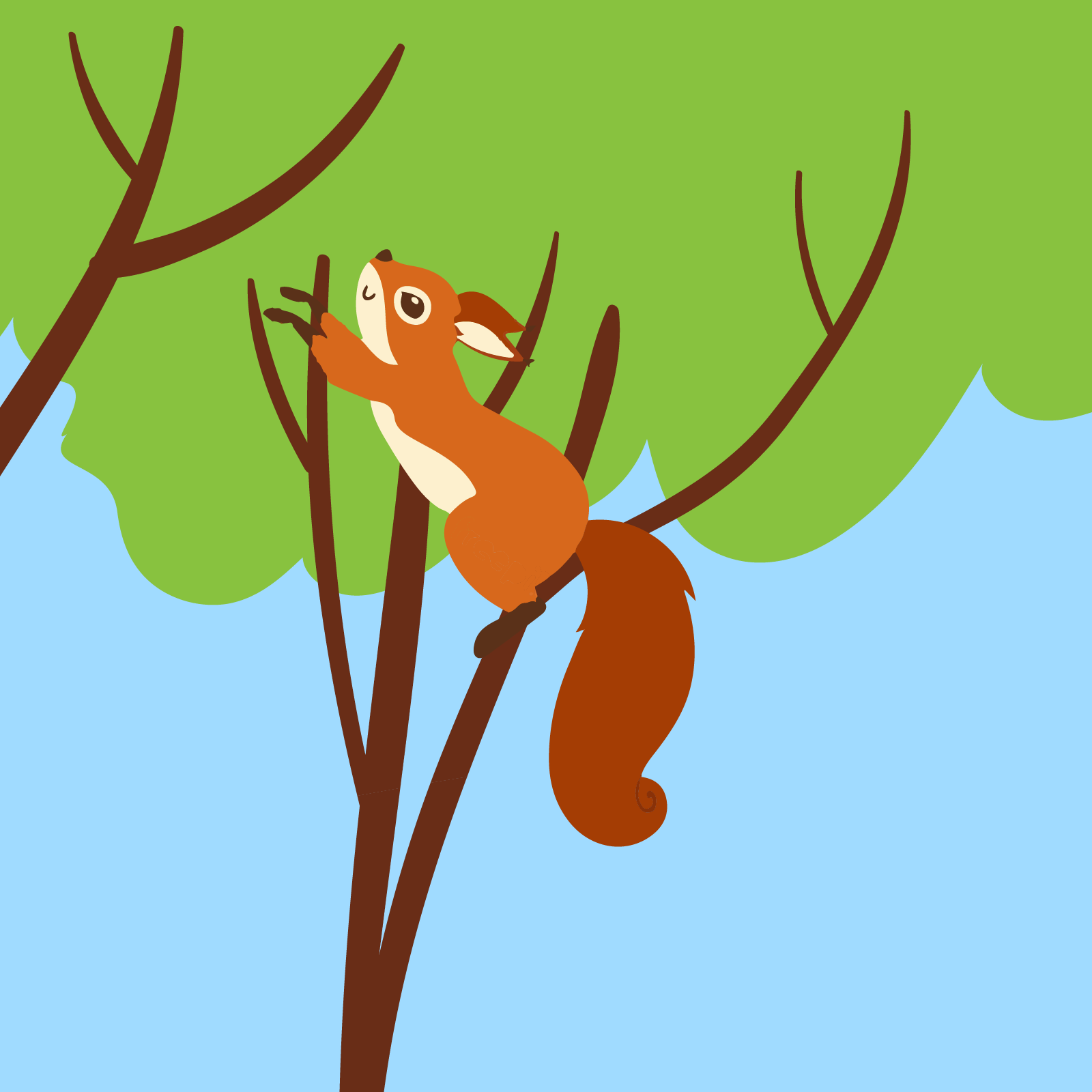 Ilustracja przedstawia rudą wiewiórkę wspinającą się po drzewie. 