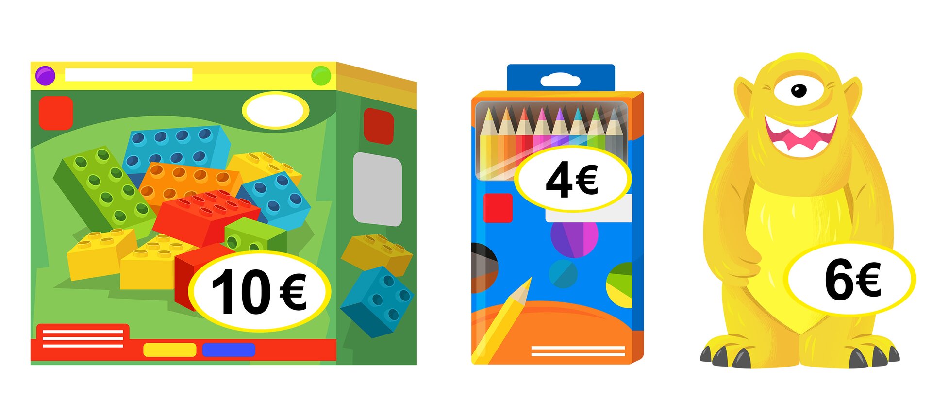 Ilustracja przedstawia pudełko klocków w cenie 10 euro, kredki w cenie 4 euro oraz zabawkę w cenie 6 euro.