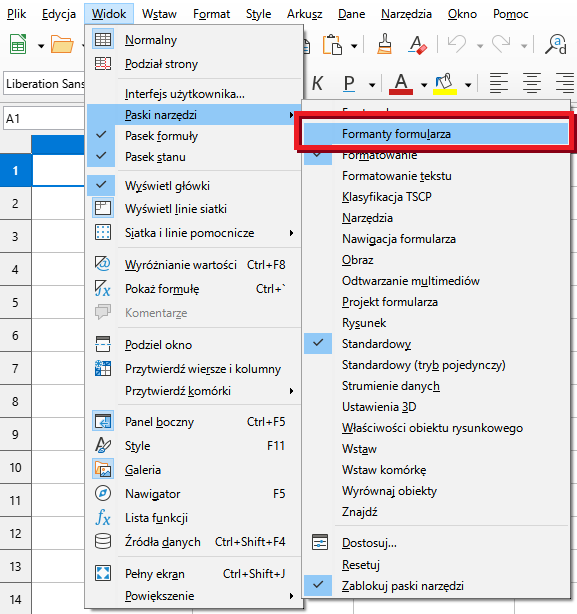 Ilustracja przedstawia arkusz. Z menu wybrano zakładkę Widok. Następnie z listy wybrano pasek formuły, pasek stanu, wyświetl główki oraz pasek narzędzi, z kolejnej listy wybrano Formanty formularza. Tu zaznaczono: Formatowanie, Standardowy, Zablokuj paski narzędzi.  