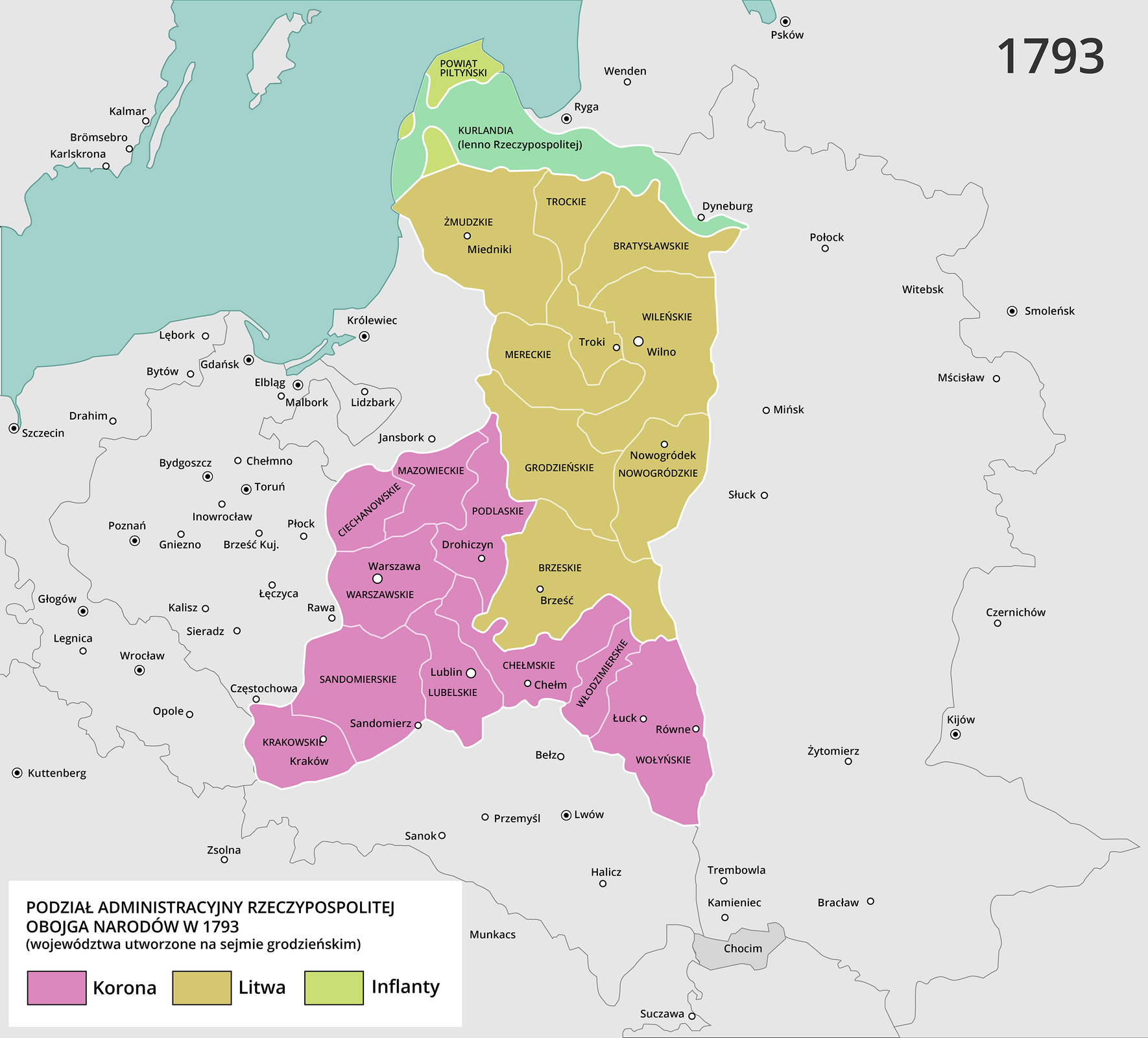 Mapa przedstawia podział administracyjny w 1793 roku. Ukazane są województwa utworzone na sejmie grodzieńskim należące do: 1. Korony: mazowieckie, ciechanowskie, podlaskie, warszawskie, lubelskie, sandomierskie, krakowskie, chełmskie, włodzimierskie, wołyńskie; 2. Litwy: żmudzkie, trockie, bratysławskie, mereckie, wileńskie, grodzieńskie, nowogródzkie, brzeskie; 3. Inflant: powiat piltyński.
