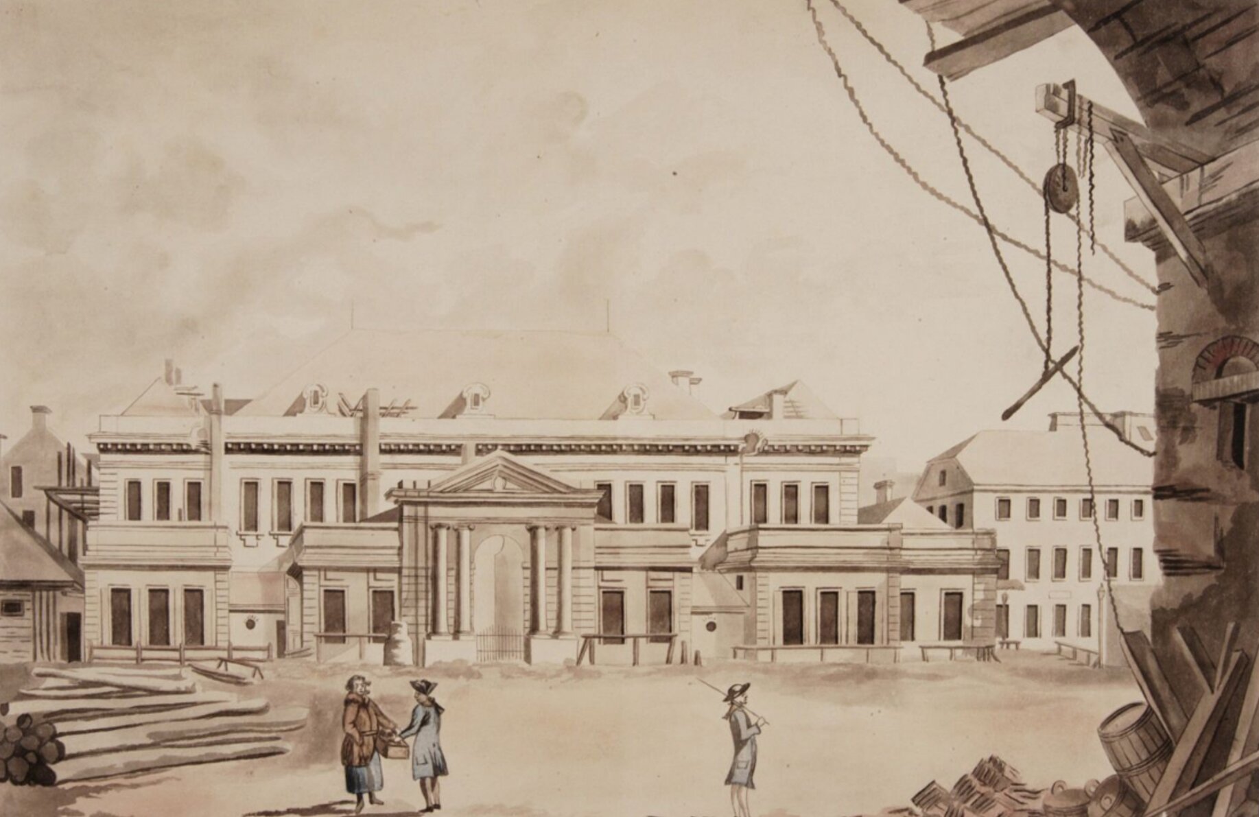 Rycina przedstawiająca Teatr Narodowy na Placu Krasińskich w Warszawie. Posiada on wszystkie elementy charakterystyczne dla stylu klasycystycznego, a więc: pilaster, relief, tympanon, kolumnada, portyk.