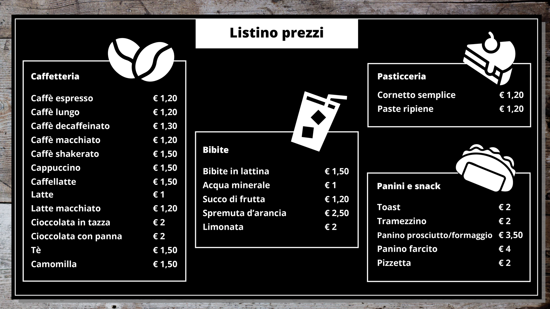 Grafika przedstawia cennik we włoskim barze. Na górze ilustracji znajduje się napis: Listino prezzi. Po lewej stronie znajduje się cennik kaw oraz piktogram przedstawiający dwa ziarna kawy. W środkowej części znajduje się cennik napojów oraz piktogram przedstawiający szklankę z napojem i słomką. Po prawej znajduje się cennik ciast i kanapek. Obok znajdują się piktogramy przedstawiające kawałek ciasta oraz kanapkę. Pod ilustracją znajduje się przycisk z napisem: "Listino prezzi." Po kliknięciu w przycisk pojawia się tabela z cennikiem wszystkich produktów dostępnych w barze.



