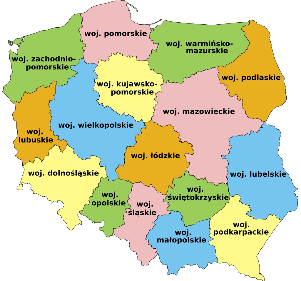 Mapa przedstawia współczesny podział administracyjny Polski. Jest ona podzielona na 16 województw: zachodniopomorskie, pomorskie, warmińsko‑mazurskie, kujawsko‑pomorskie, lubuskie, wielkopolskie, mazowieckie, podlaskie, dolnośląskie, łódzkie, lubelskie, opolskie, śląskie, świętokrzyskie, lubelskie, małopolskie, podkarpackie.