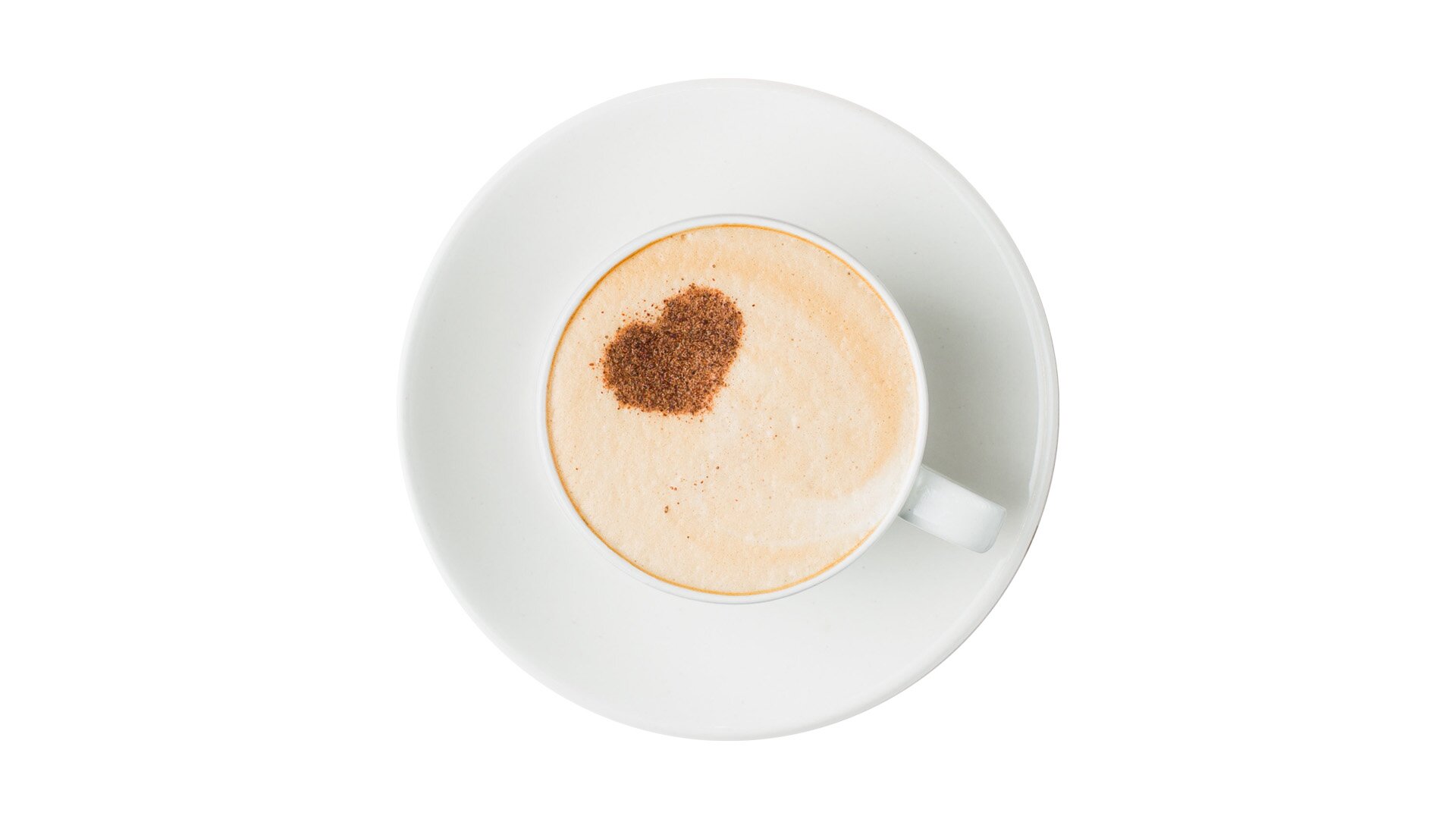 Fotografia przedstawiająca kawę w białej filiżance, na kawie narysowane jest serce. Widok z góry.