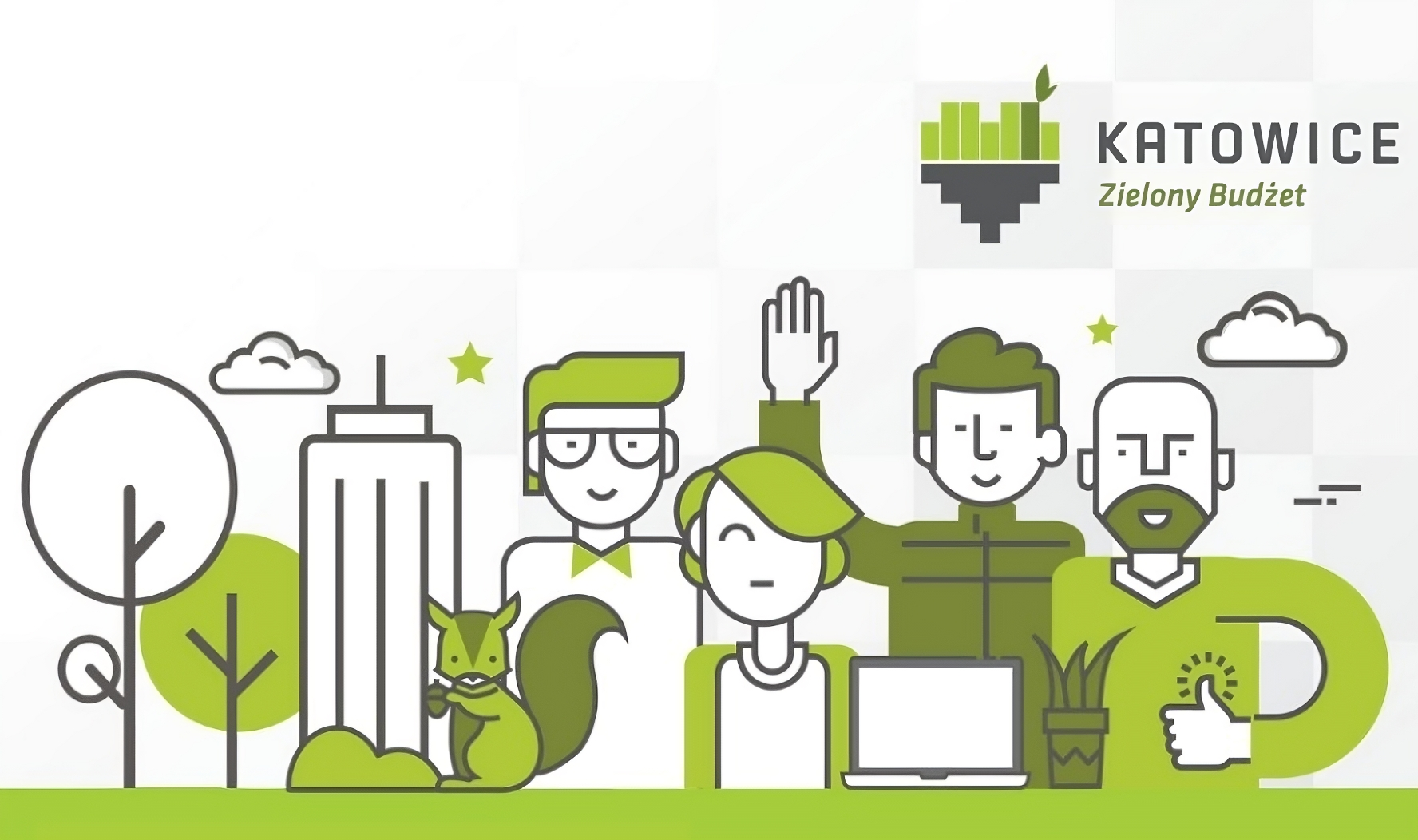 Schematyczny rysunek czterech uśmiechniętych osób przedstawionych od pasa w górę, przed nimi leży otwarty laptop, obok laptopa roślina doniczkowa, po ich lewej stronie wiewiórka, drzewa, wysoki budynek i chmura. W prawym górnym rogu logotyp przedstawiający serce i napis: Katowice Zielony Budżet