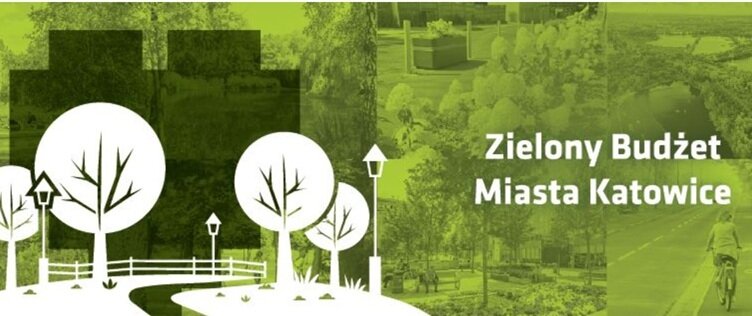 Ilustracja promująca Zielony Budżet Miasta Katowice. Po lewej stronie widoczna jest stylizowana grafika parku z drzewami, ławką, latarniami i ścieżką, a po prawej kolaż zdjęć terenów zielonych oraz rowerzysty. Na zielonym tle umieszczono biały napis: „Zielony Budżet Miasta Katowice”.