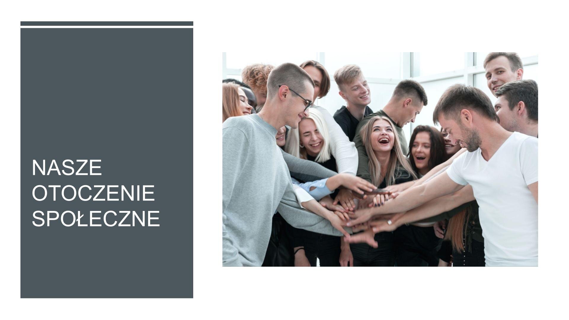 Slajd przedzielony na dwie części. Z prawej strony zdjęcie przedstawia grupę młodych osób, które układają dłonie jedna na drugiej w geście „jeden za wszystkich, wszyscy za jednego”. Młodzi uśmiechają się. Z lewej strony, na ciemnoszarym tle, biały napis: „Nasze otoczenie społeczne”.