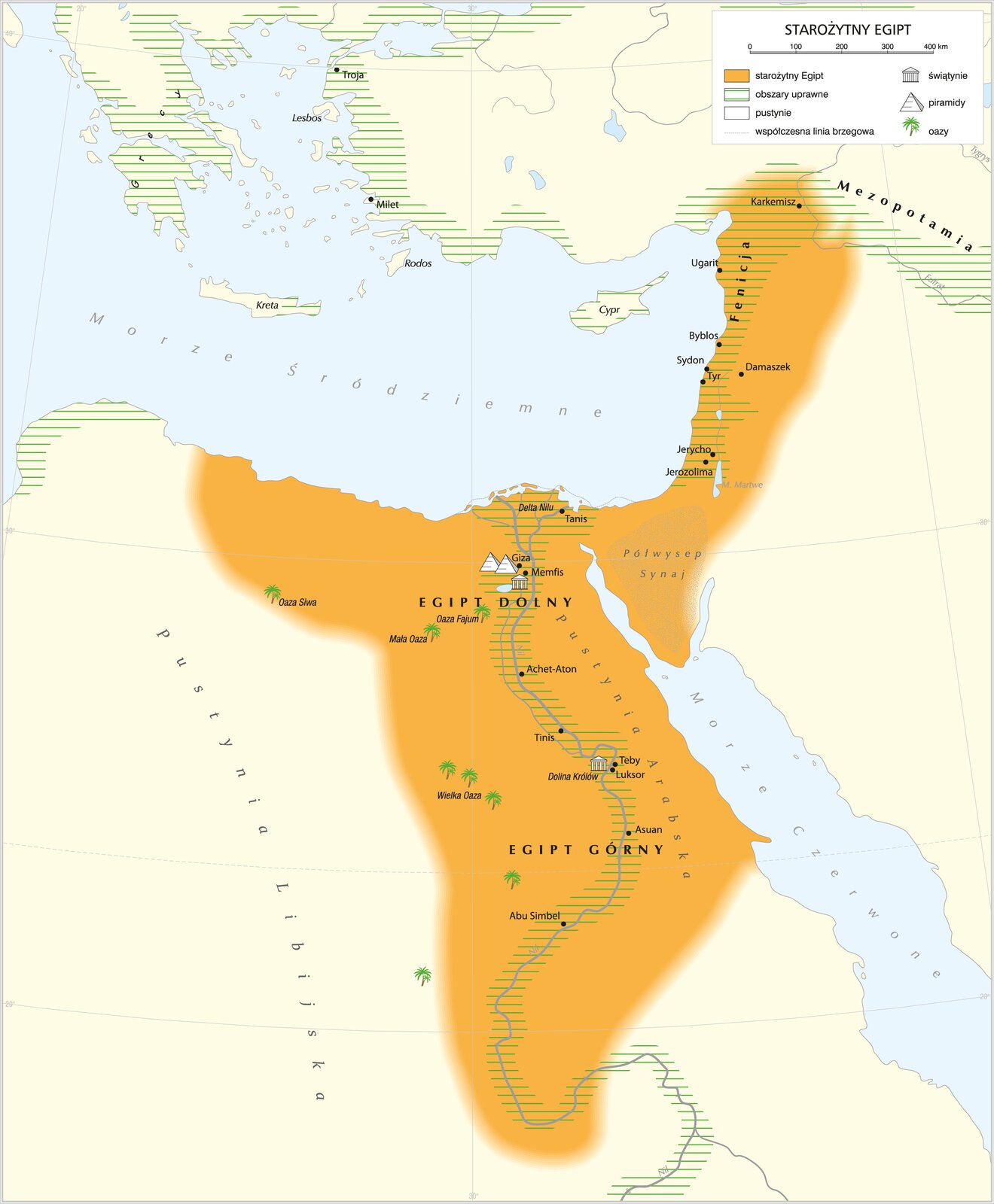 Kliknij, aby powiększyć. Mapa przedstawia terytorium starożytnego Egiptu, który obejmuje tereny: północno‑wschodniej Afryki wzdłuż rzeki Nil, Półwysep Synaj oraz ziemie wzdłuż wybrzeża morskiego razem z Fenicją, aż do granic Mezopotamii. Po lewej stronie znajduje się Pustynia Libijska, po prawej Morze Czerwone, od północy - Morze Śródziemne.