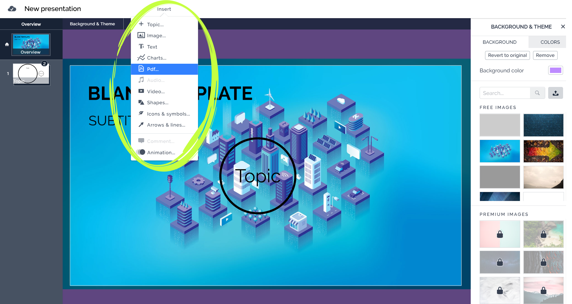 Zrzut z ekranu przedstawia edytor online prezi.com. Rozwinięte jest menu Insert, widoczne są jego opcje. Topic, Image, Text, Charts, Pdf, Audio, Video, Shapes, Icons and symbols, Arrows and lines, Comment, Animation.