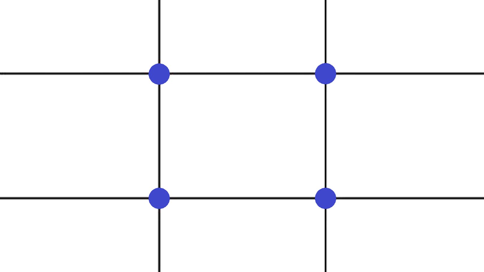 Ilustracja przedstawiająca mocne punkty obrazu, czyli linie reguły trójpodziału. Cztery przecinające się linie dzielą obraz na dziewięć równych prostokątów. Wyróżnione przecięcia linii tworzą mocne punkty obrazu.