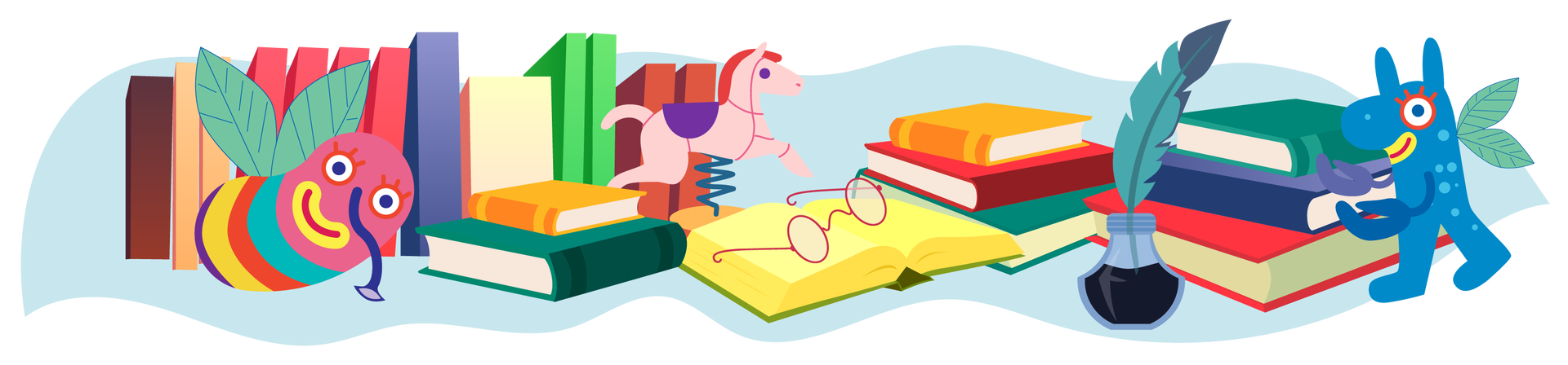 Ilustracja przedstawia książki w kolorowych okładkach. Jest ich dużo, niektóre stoją, a inne leżą. Jedna jest otwarta. Leżą na niej okulary w okrągłych ciemnoróżowych oprawkach. Za nimi, obok książki, stoi jasnoróżowy konik na sprężynie. Ma ciemnoróżową grzywę i fioletowe siodło. Na prawo od książki stoi szklany pojemnik z tuszem i umieszczonym w nim piórem. Po lewej stronie ilustracji lata wielokolorowy bajkowy stworek ze skrzydłami. Po prawej stronie stoi drugi. Ma ciemnoniebieski kolor.  