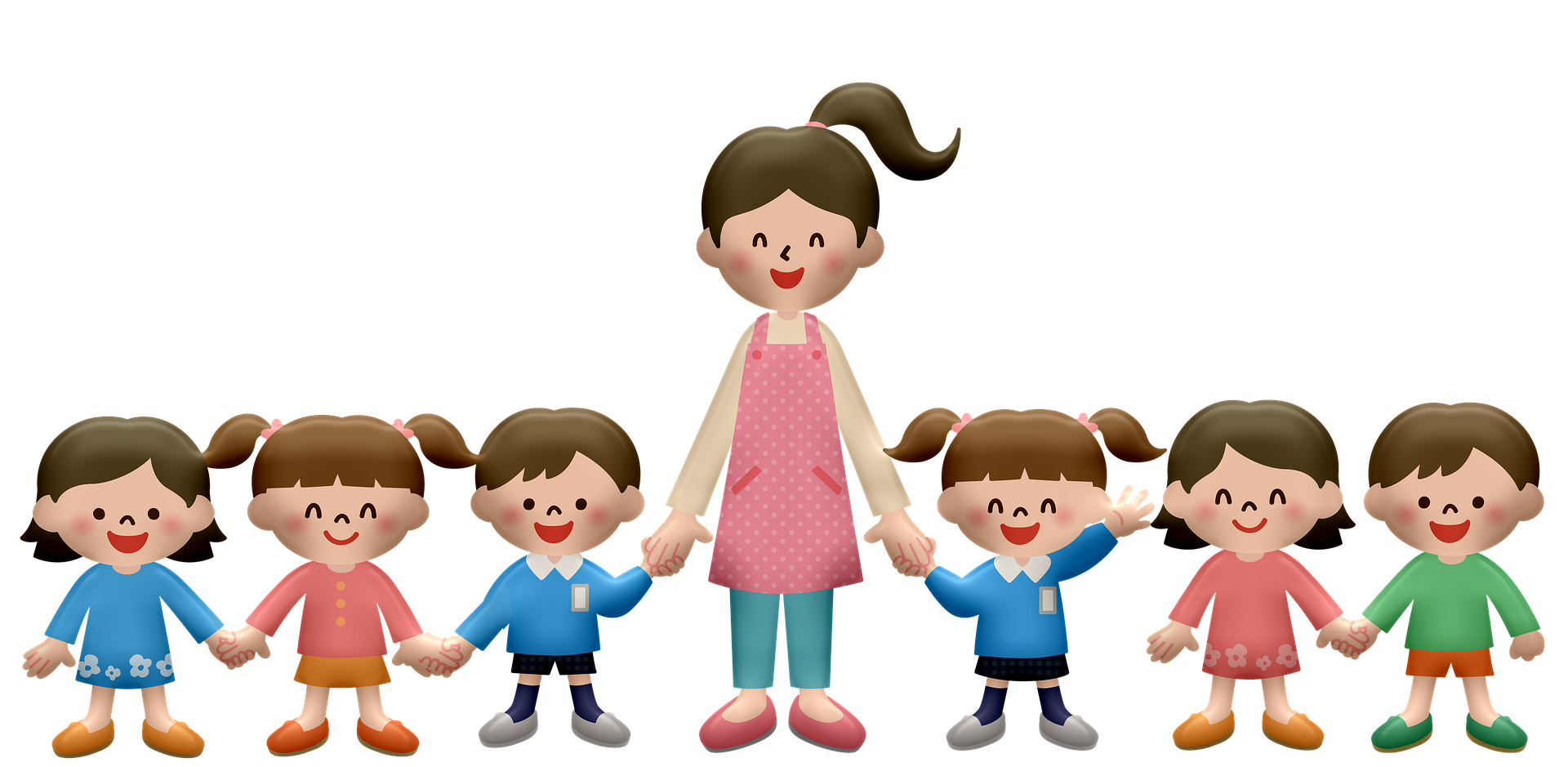 Na ilustracji przedstawiona jest grupa dzieci. Stoją w jednym rzędzie, uśmiechają się i trzymają się za ręce. Są to chłopcy i dziewczynki. Mają na sobie kolorowe ubranka. W środku stoi ich Pani.