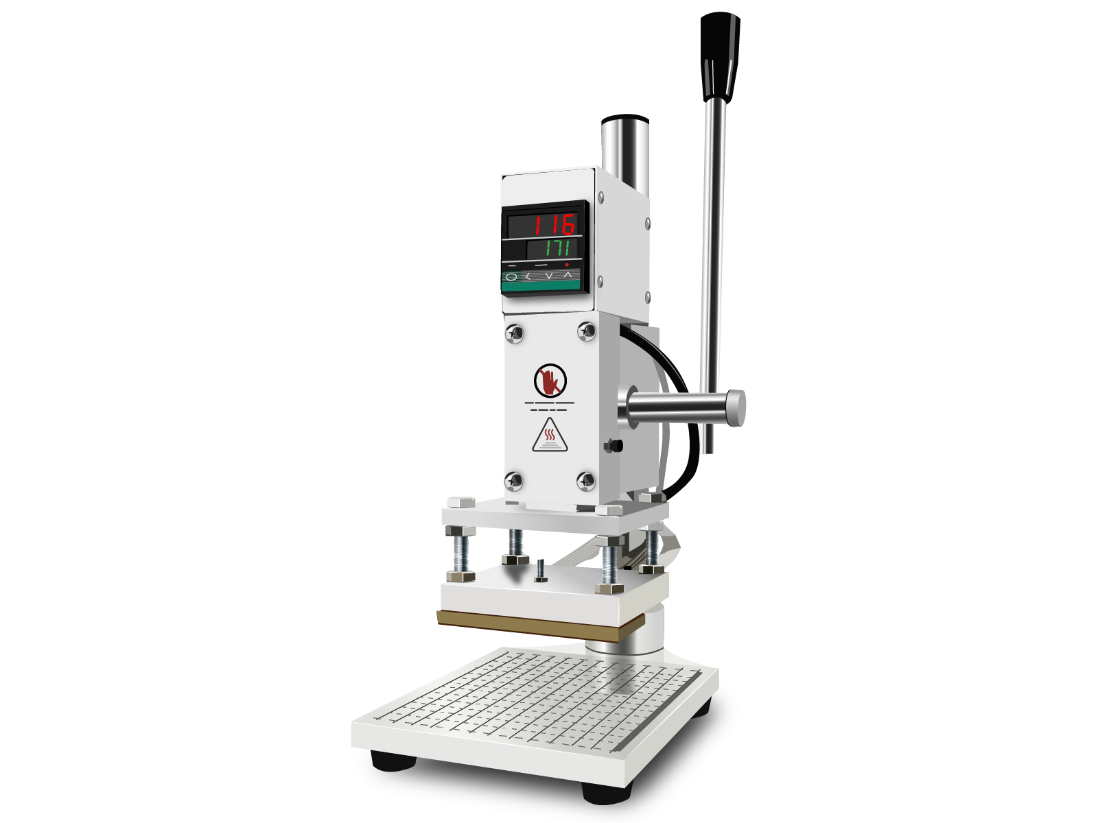 Grafika przedstawia poglądowo urządzenie służące do tłoczenia, czyli uzyskiwania wgłębienia lub wypukłości w uszlachetnionym druku. Widoczne jest urządzenie w pionie, w ujęciu z ukosa. W dolnej części widoczny jest prostokątny blat, na czarnych okrągłych nóżkach. Powyżej niego znajduje się prostopadłościan w pionie, po prawej stronie którego znajduje się pionowy uchwyt zakończony gałką, mechanizm rurek i przewodów służących do wykonania docisku. Na przedniej ścianie, u góry, widoczny jest prostokątny monitor, zaś w dolnej części prostopadłościan w poziomie symbolizujący element dociskający.