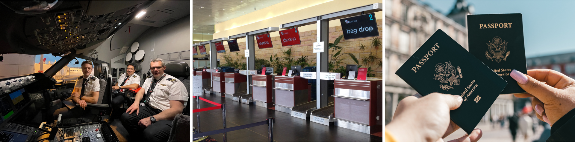 Ilustracja składa się z trzech zdjęć, które kolejno przedstawiają: trzech mężczyzn, załogę samolotu, siedzących w kokpiciestanowiska odprawy na lotniskudwa paszporty trzymane w dłoniach
