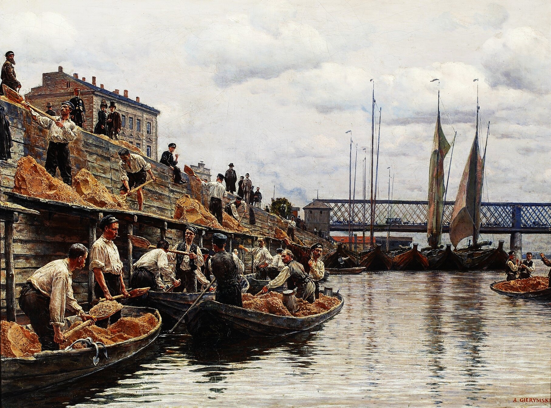 Obraz przedstawia piaskarzy, którzy pracują na brzegiem Wisły. Robotnicy,  którzy stoją w łodziach, przerzucają piasek na wysokie nabrzeże. Mężczyźni są ubrani w lniane koszule z długim rękawem i długie spodnie. W ręku mają łopaty. Na wysokim nabrzeżu stoją ludzie i przyglądają się pracy piaskarzy. W pobliżu znajdują się przycumowane łódki.
