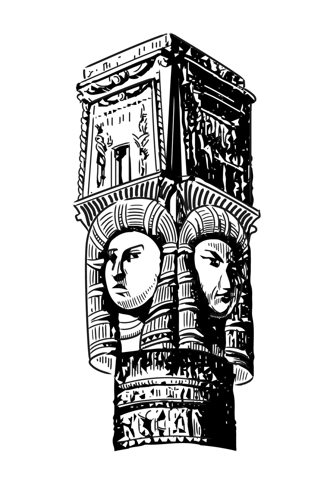 Czarno‑biała ilustracja przedstawia głowicę kolumny, która składa się z trzech części - dolnej, środkowej, górnej. Dolna część składa się z trzech poziomych pasów, które zawierały figury geometryczne. Środkowa część przedstawia ludzkie głowy o neutralnym wyrazie twarzy - po jednej na ścianie kolumny (łącznie cztery twarze). Górna część głowicy składa się ze wzorów geometrycznych, ornamentów. 