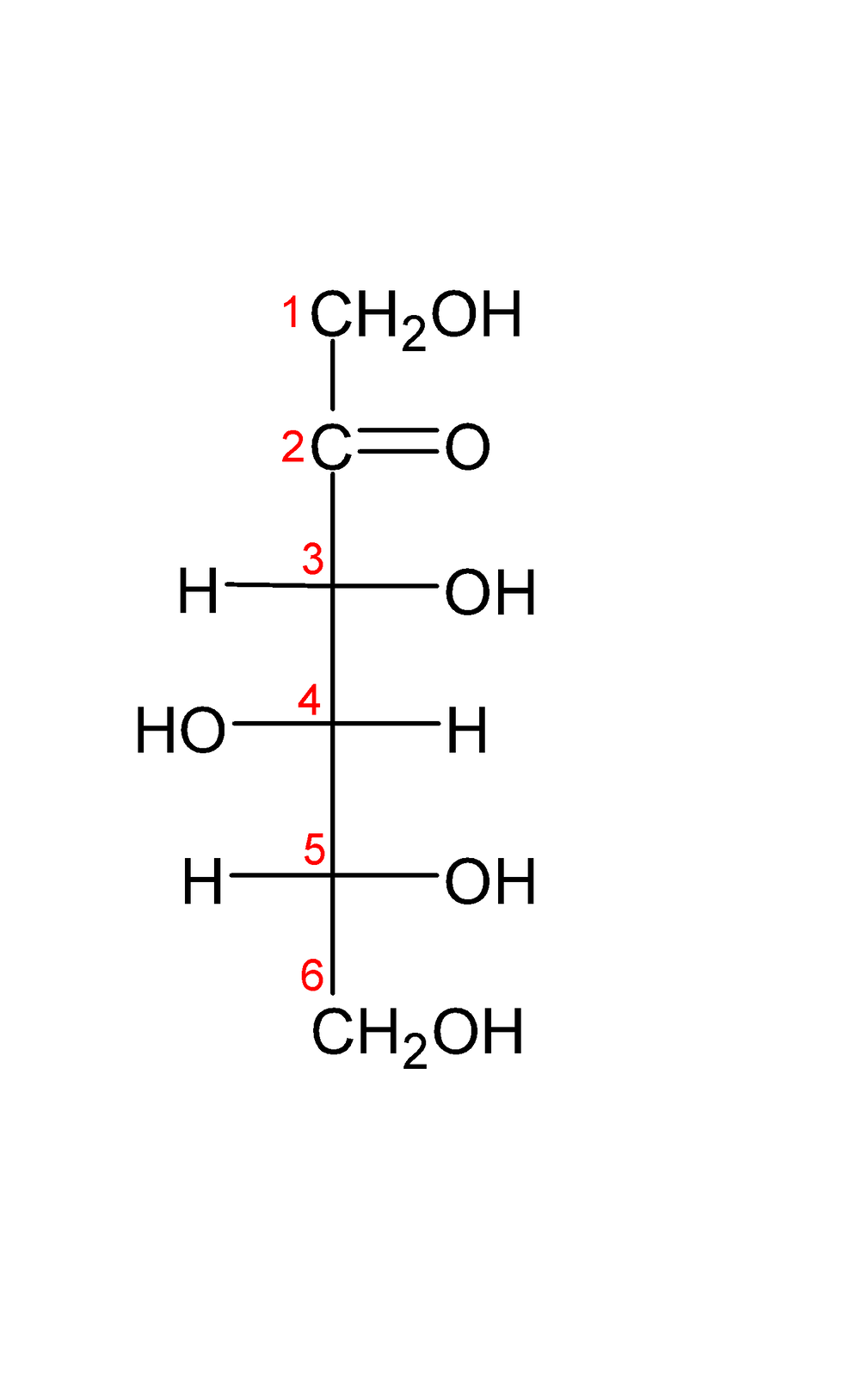 Na ilustracji jest wzór przedstawiający formę łańcuchową D-sorbozy. Łańcuch główny jest zorientowany pionowo. Zaznaczono sześć atomów węgla, liczone są z góry na dół. Pierwszy i szósty atom węgla jest częścią grupy C H 2 O H , drugi atom węgla łączy się po prawej stronie wiązaniem podwójnym z atomem tlenu. Trzeci i piąty atom węgla łączy się po lewej stronie z atomem wodoru, a po prawej z grupą OH. Czwarty atom węgla łączy się po lewej stronie z grupą OH, a po prawej z atomem wodoru.